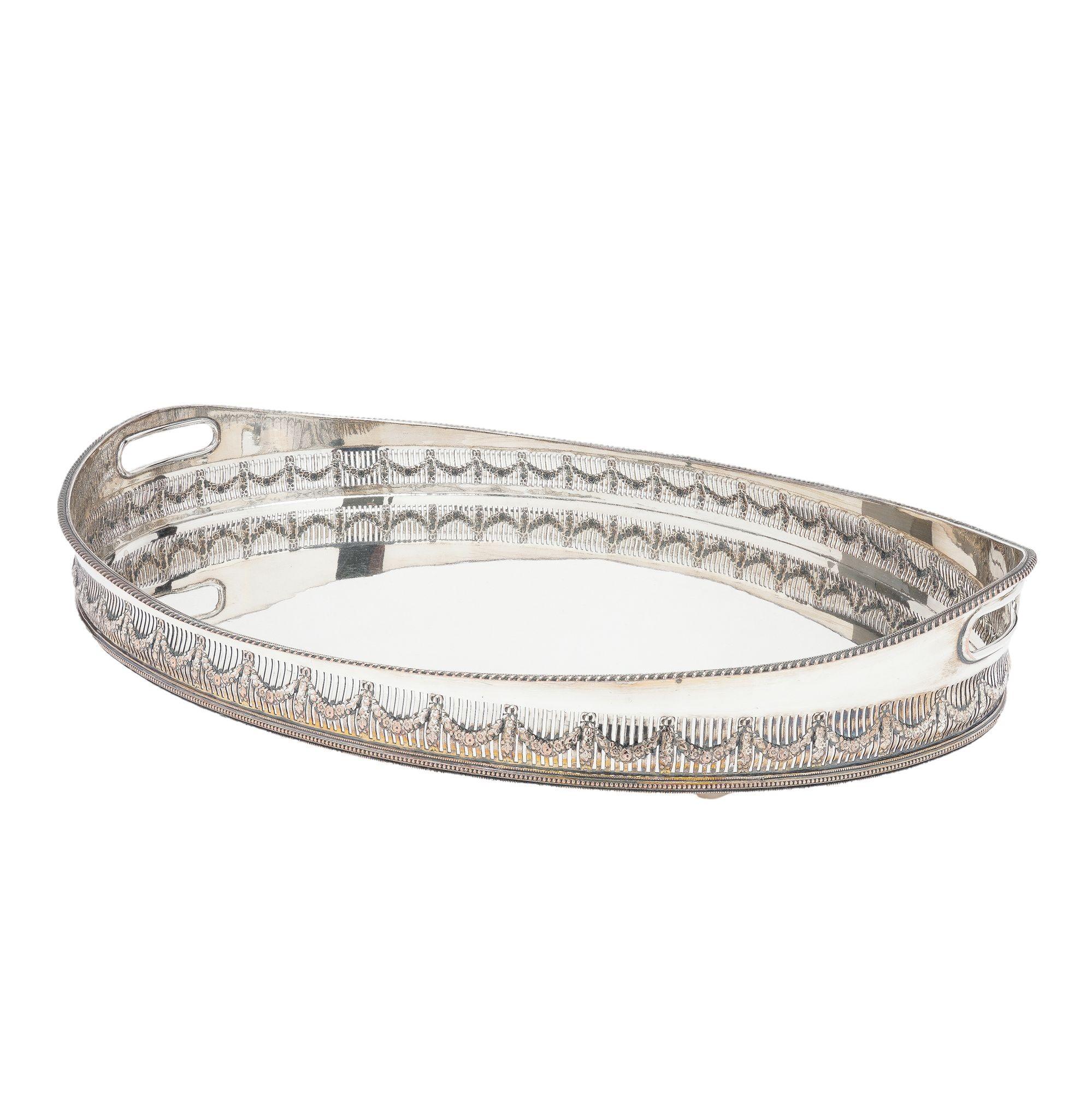 Large vintage oval Sheffield silver gallery tray, c. 1950 3