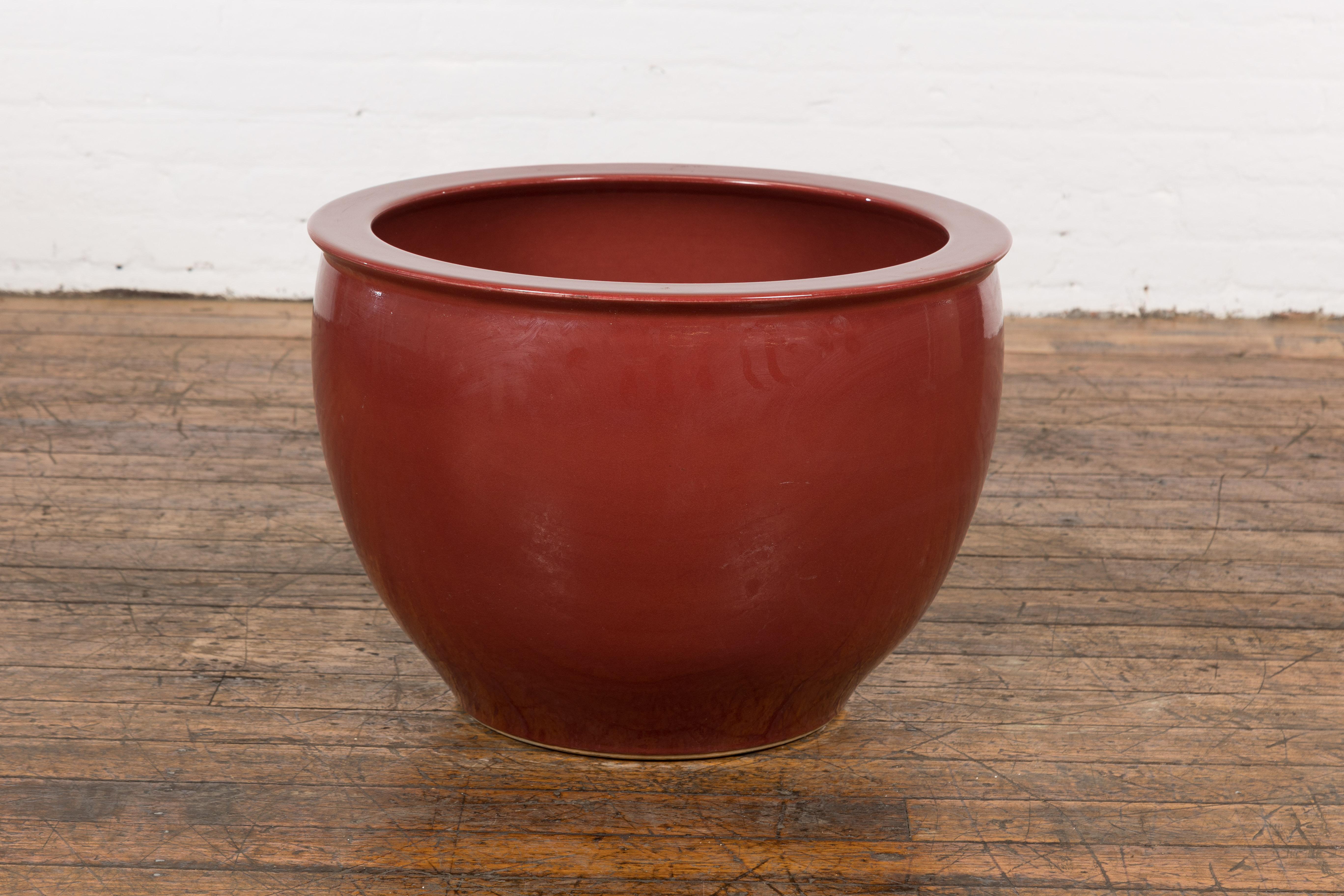 Large Vintage Oxblood Glazed Ceramic Planter with Tapering Lines 6