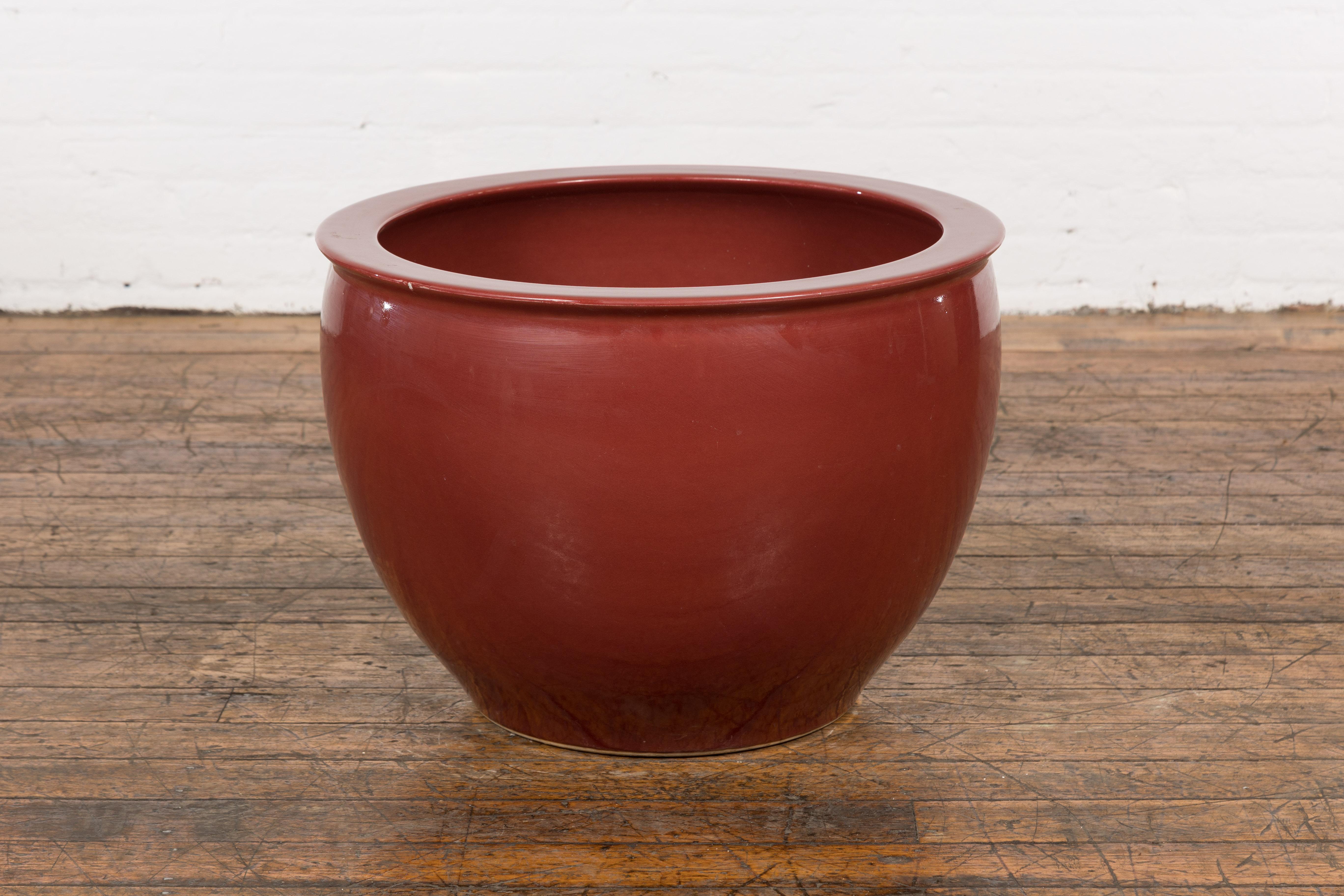 Large Vintage Oxblood Glazed Ceramic Planter with Tapering Lines 7