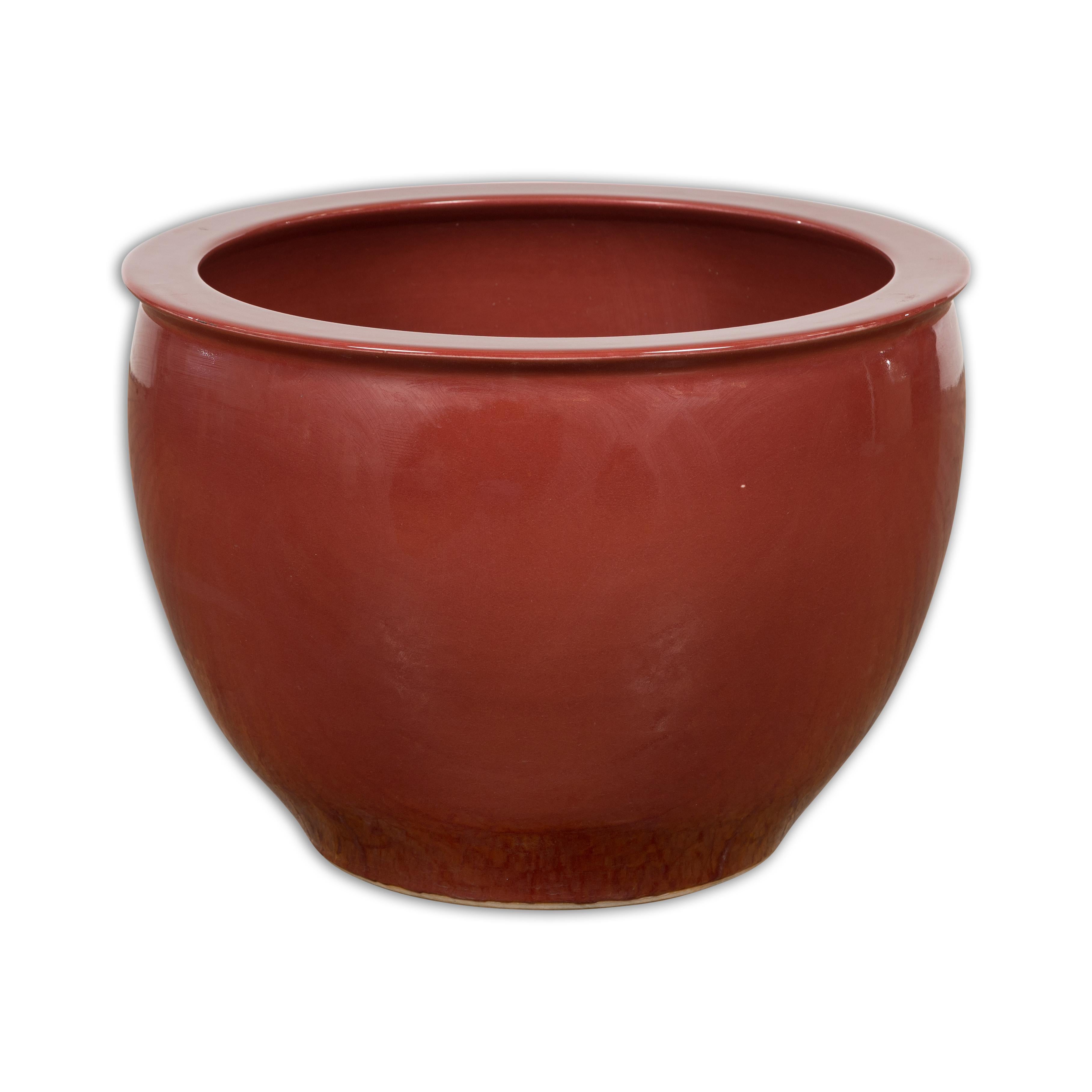 Large Vintage Oxblood Glazed Ceramic Planter with Tapering Lines 9
