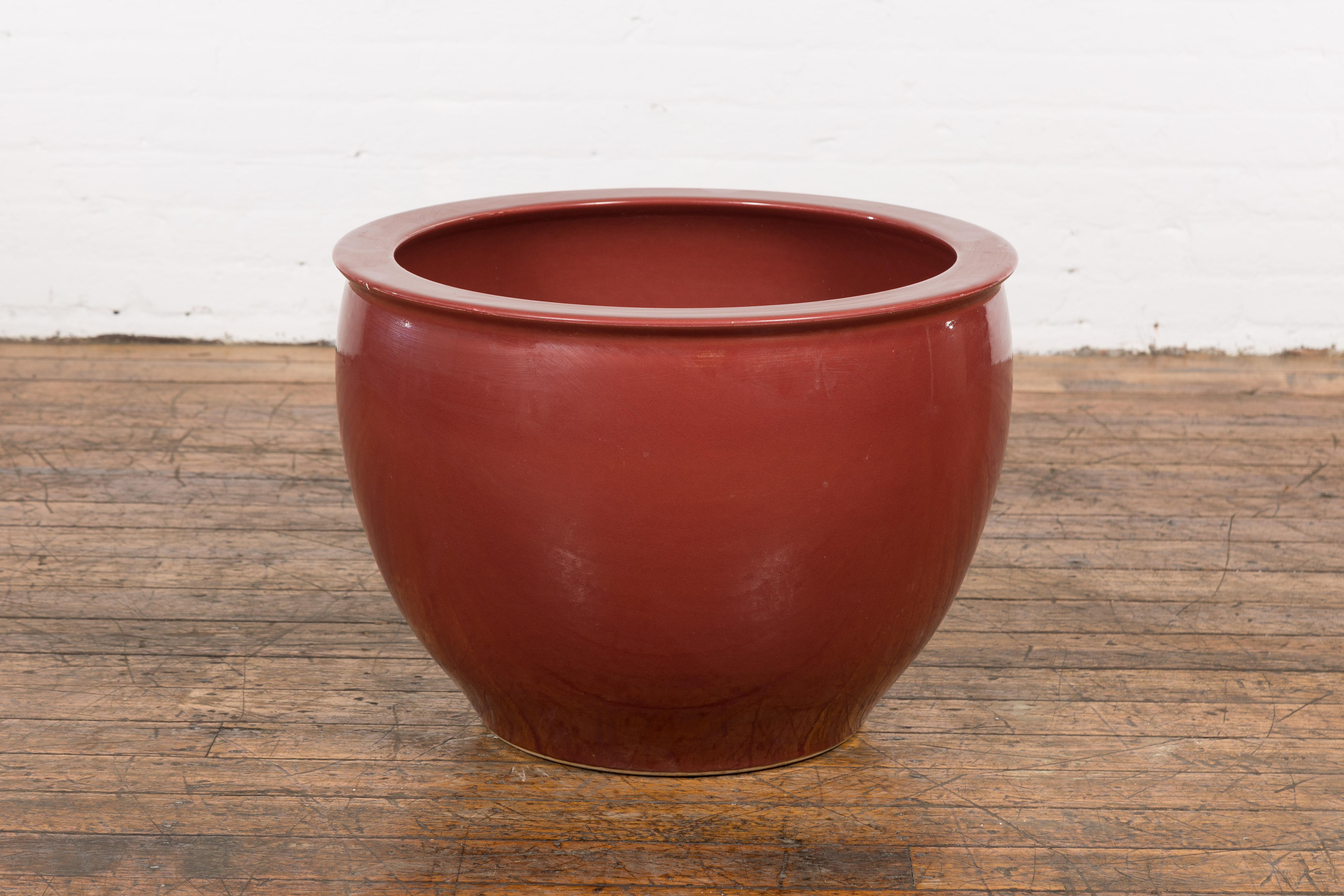 Mid-Century Modern Large Vintage Oxblood Glazed Ceramic Planter with Tapering Lines