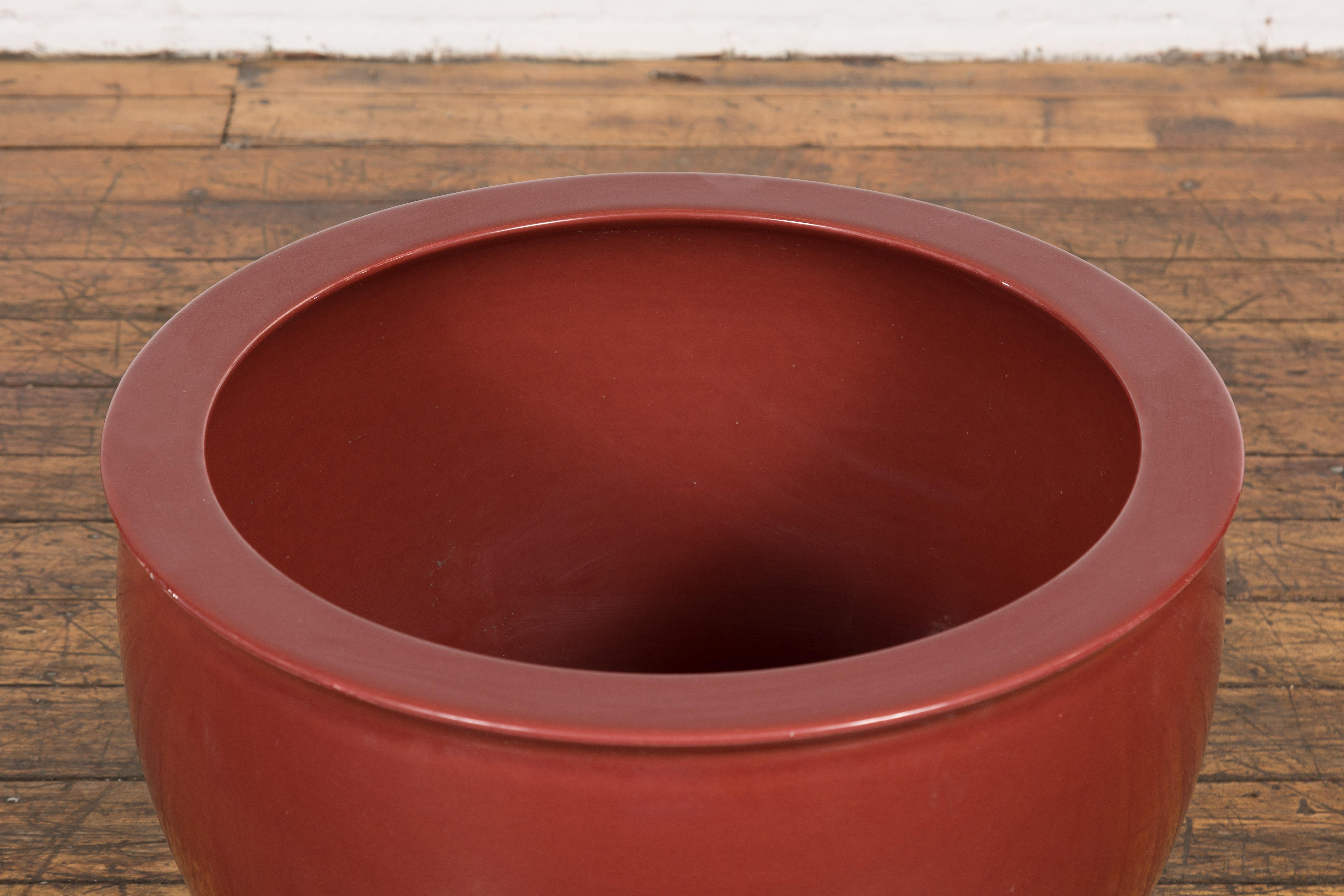Chinese Large Vintage Oxblood Glazed Ceramic Planter with Tapering Lines
