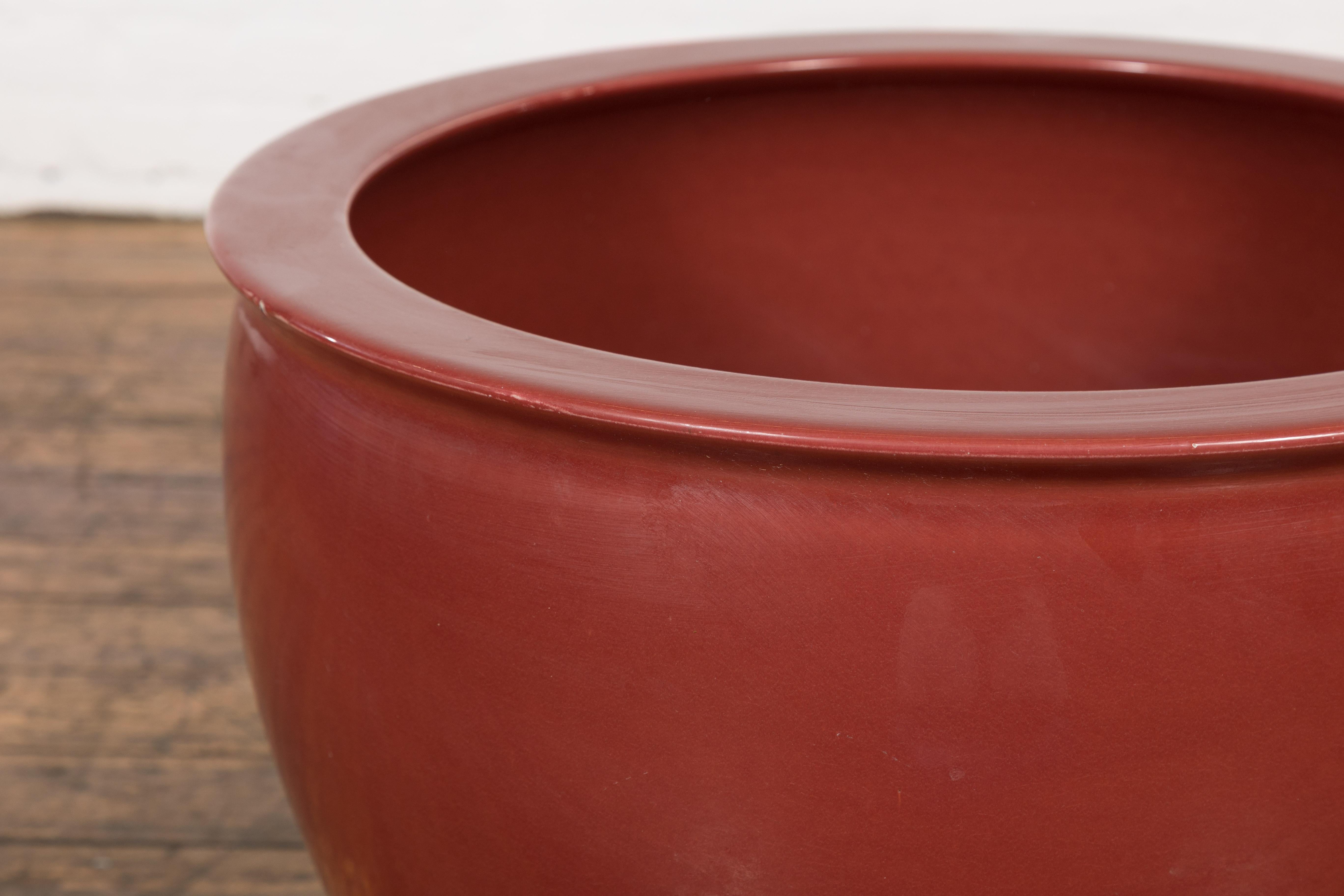 20th Century Large Vintage Oxblood Glazed Ceramic Planter with Tapering Lines