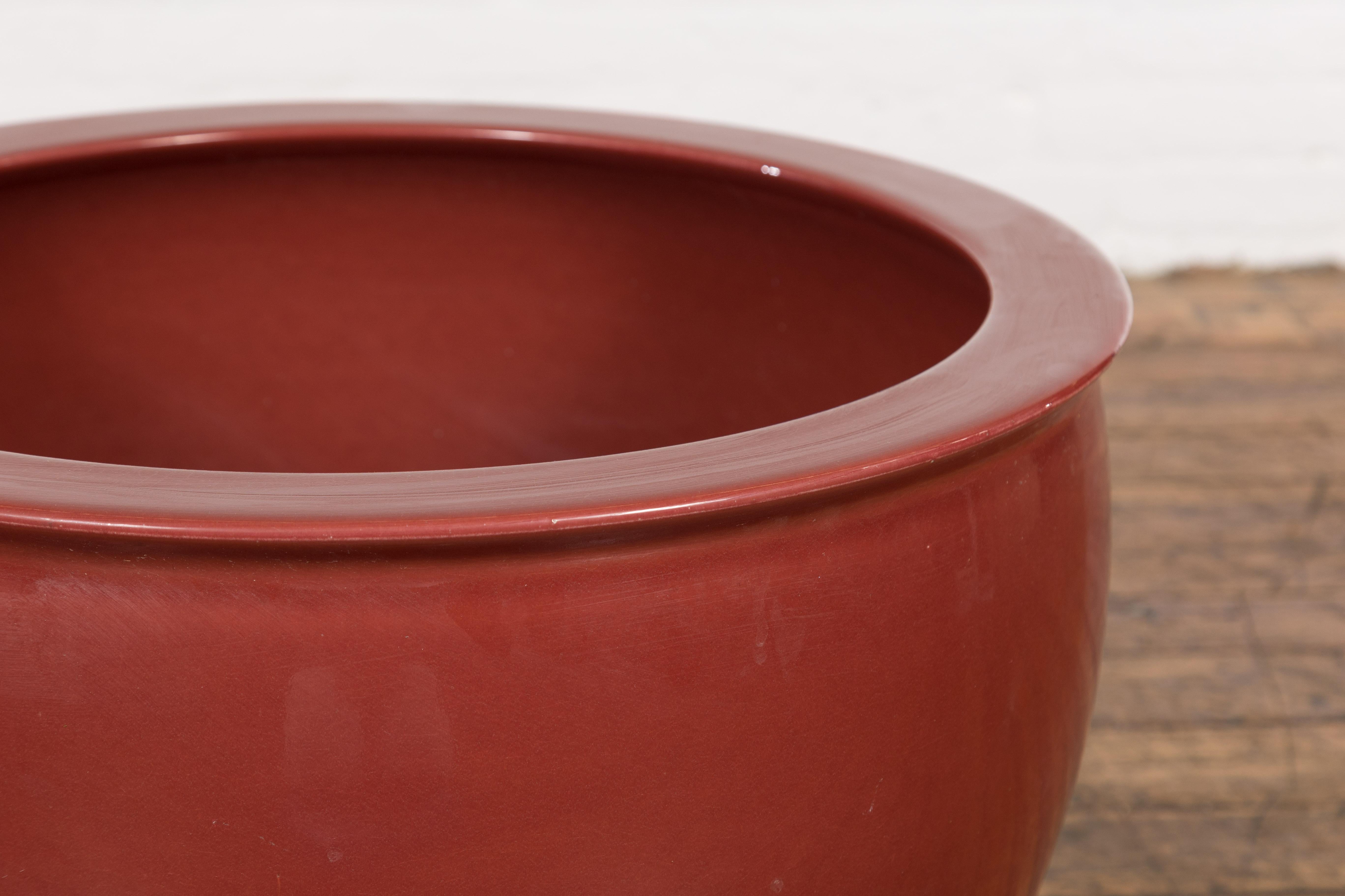 Large Vintage Oxblood Glazed Ceramic Planter with Tapering Lines 1