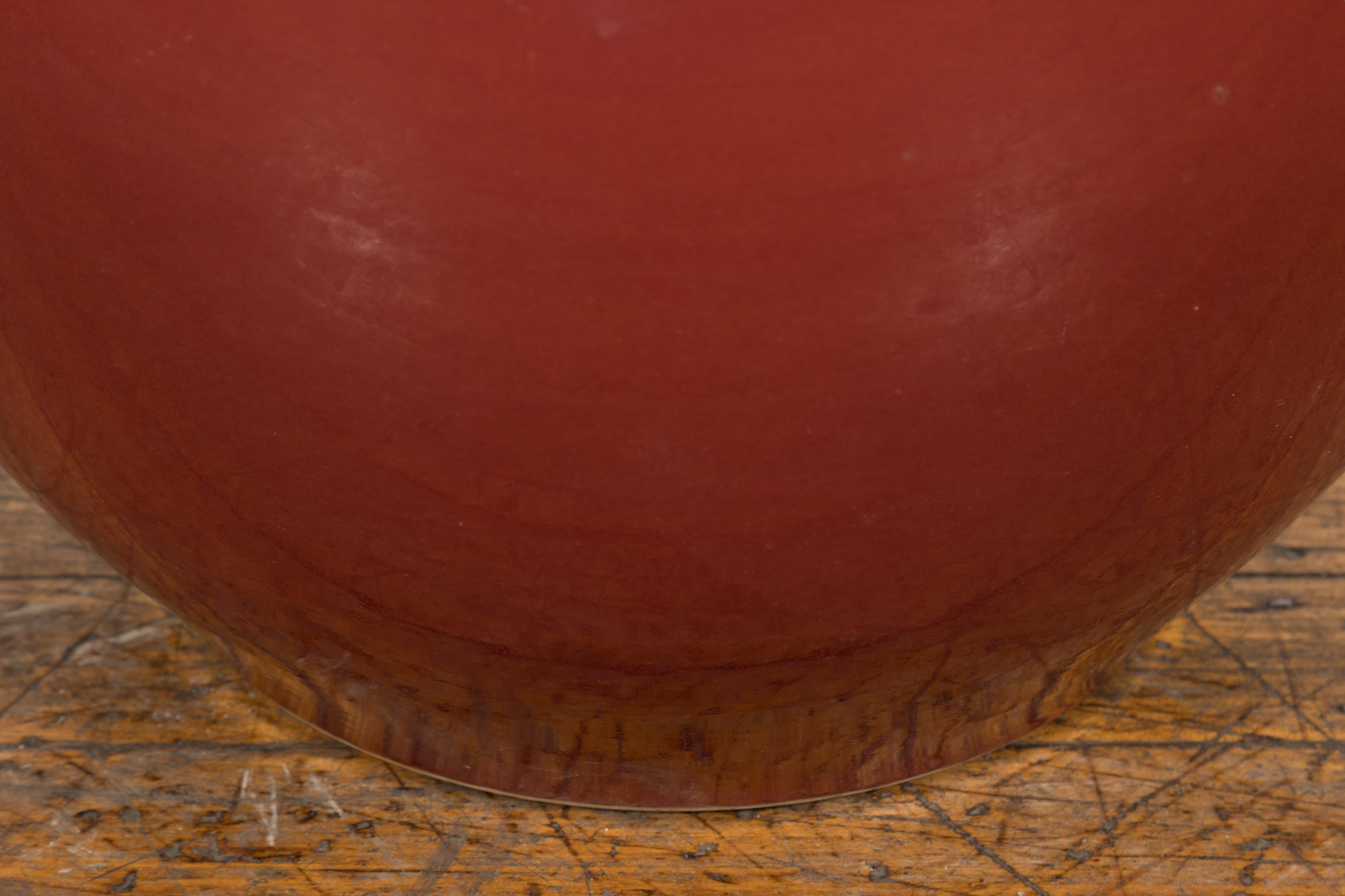 Large Vintage Oxblood Glazed Ceramic Planter with Tapering Lines 3