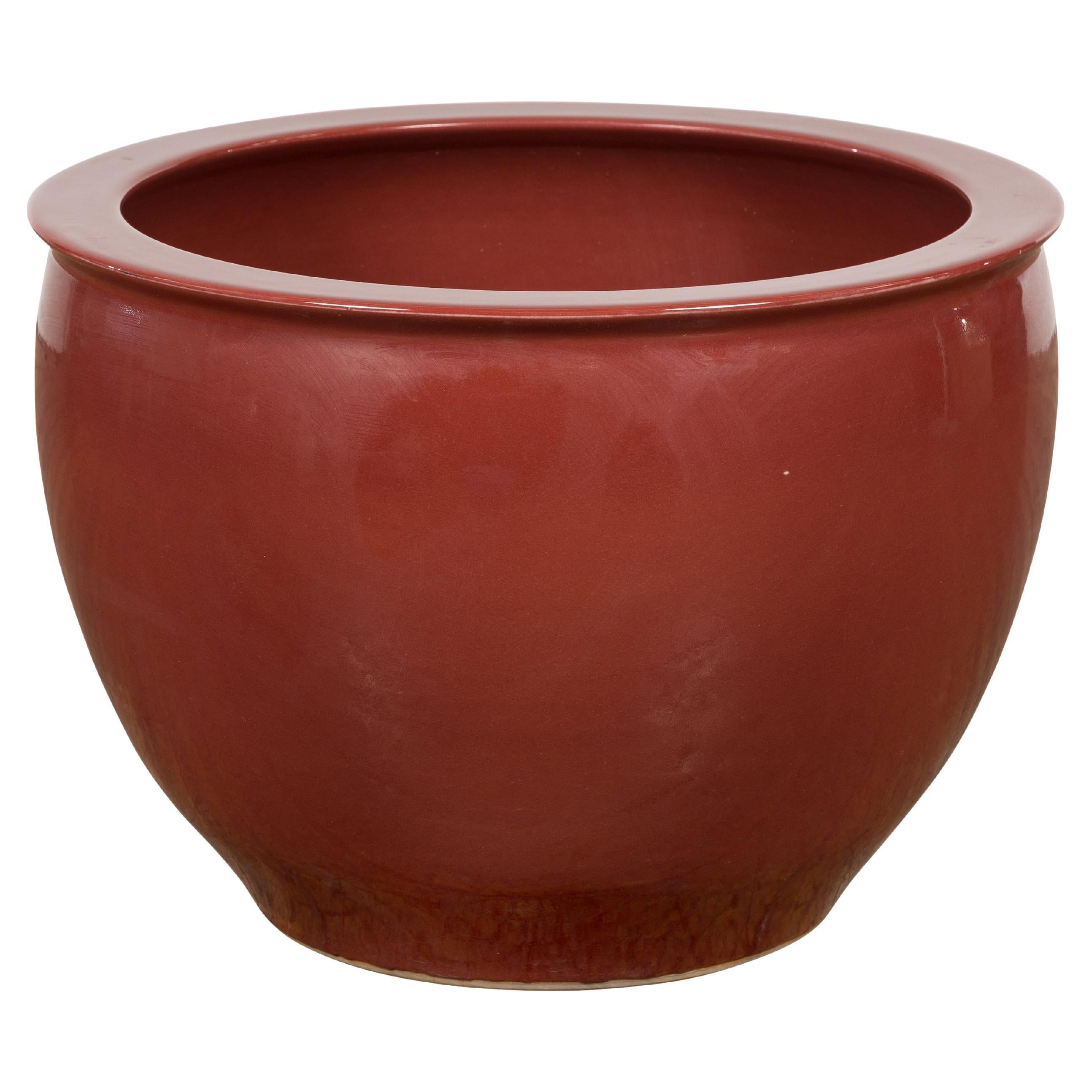 Large Vintage Oxblood Glazed Ceramic Planter with Tapering Lines