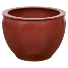 Large Vintage Oxblood Glazed Ceramic Planter with Tapering Lines