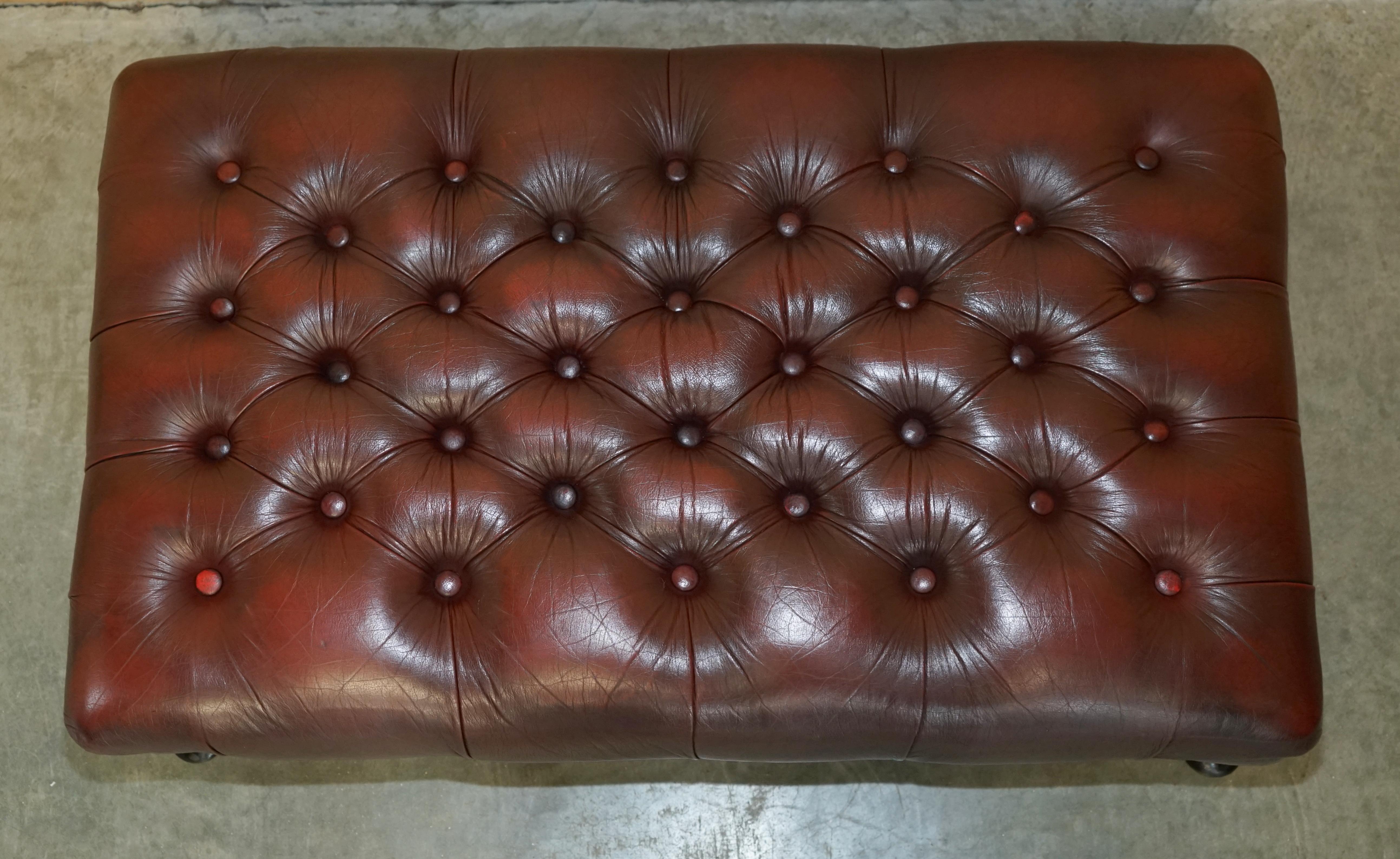 Large Vintage Oxblood Leather 2 Person Footstool with Chesterfield Tufting 1