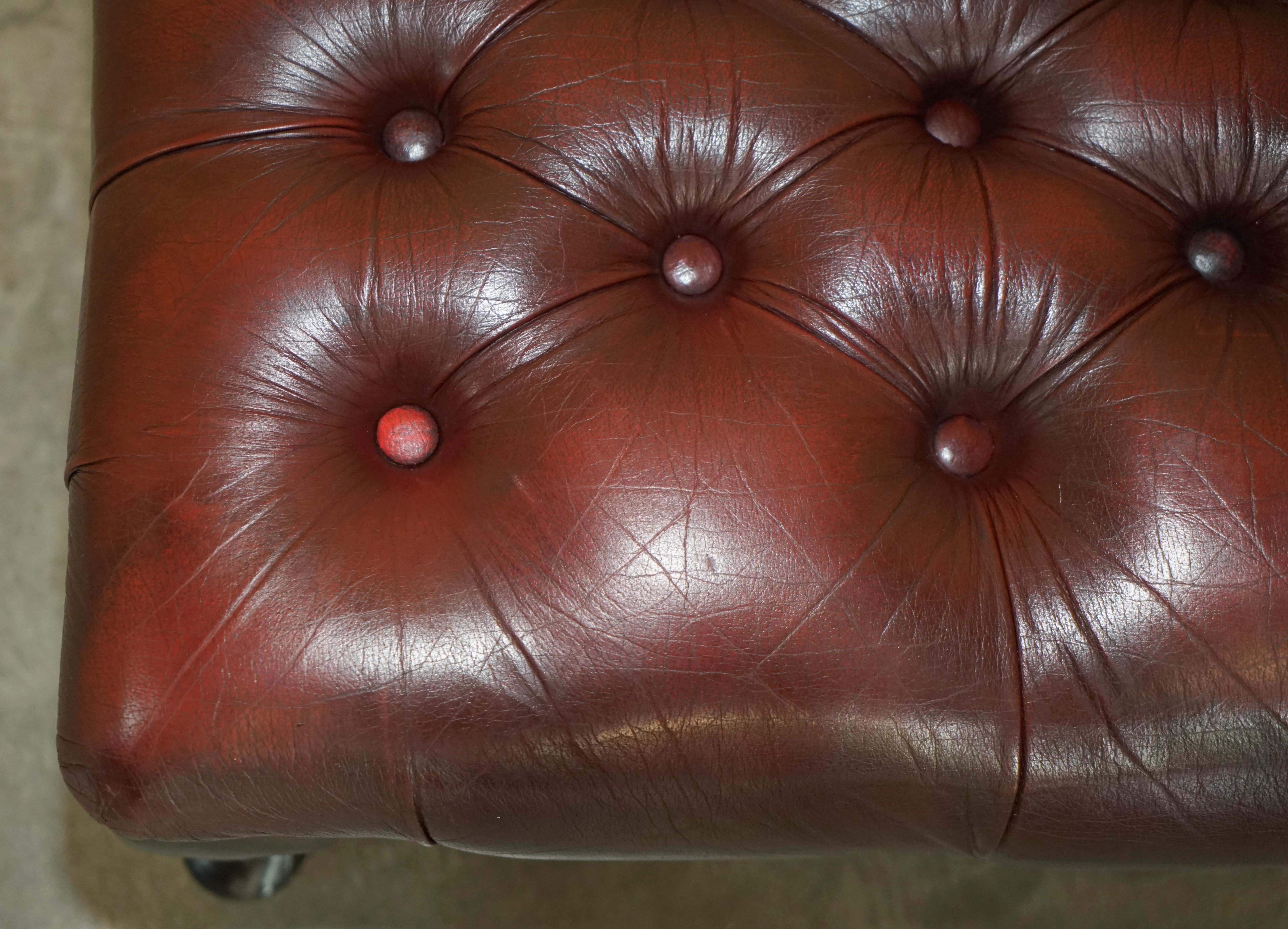 Large Vintage Oxblood Leather 2 Person Footstool with Chesterfield Tufting 4