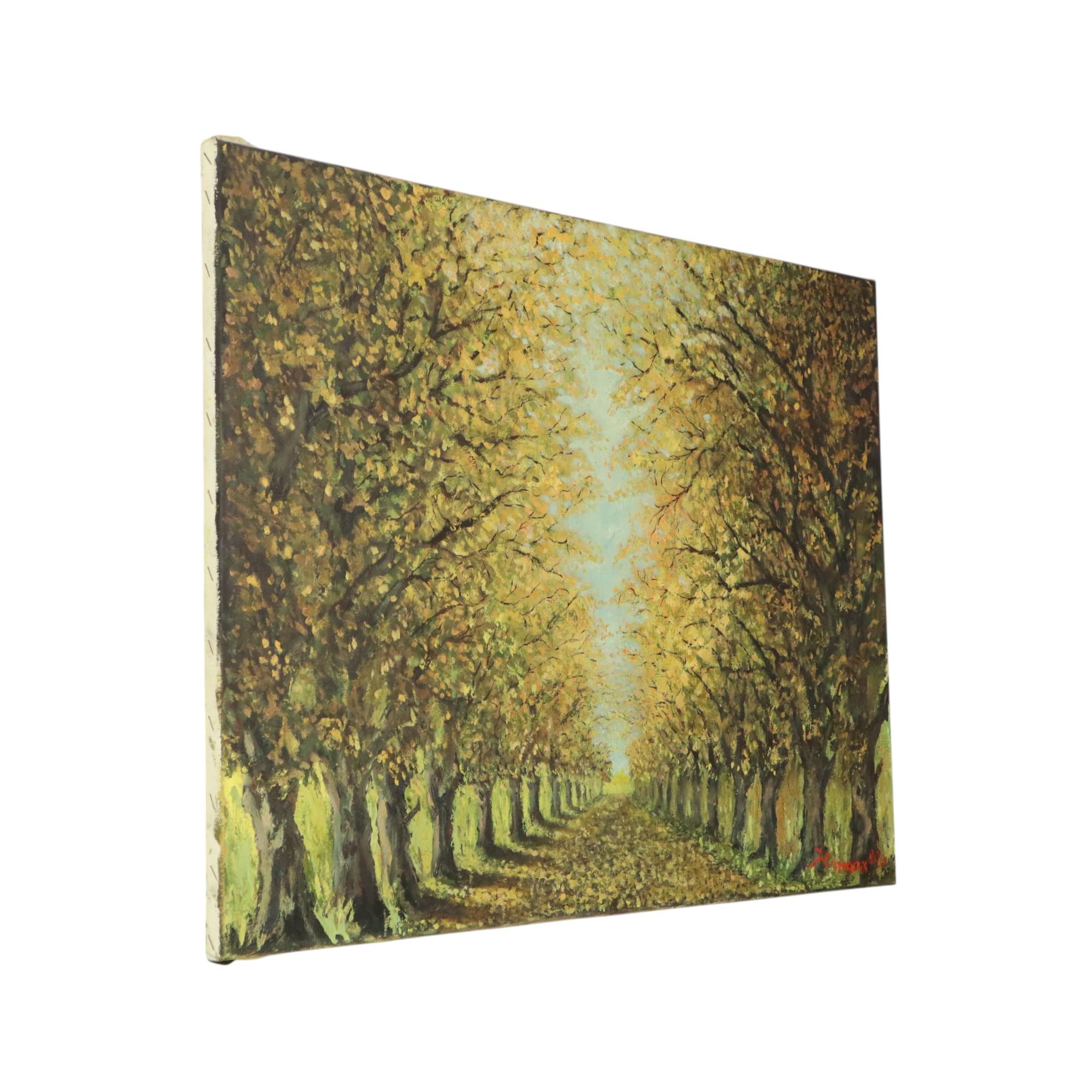 Großes Vintage-Gemälde auf Leinwand, Perspektive Bäume, signiert im Angebot 4