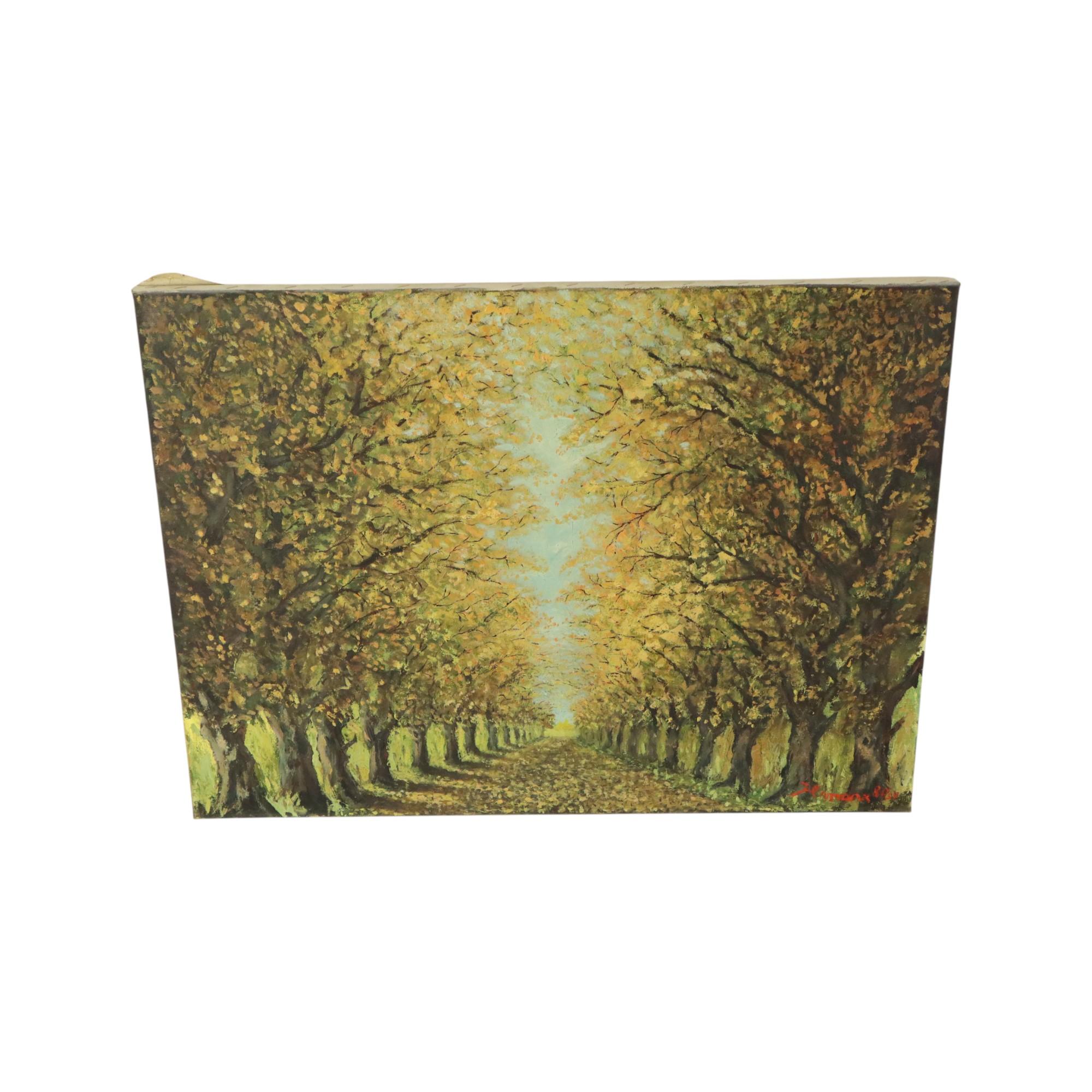 Großes Vintage-Gemälde auf Leinwand, Perspektive Bäume, signiert im Angebot 5