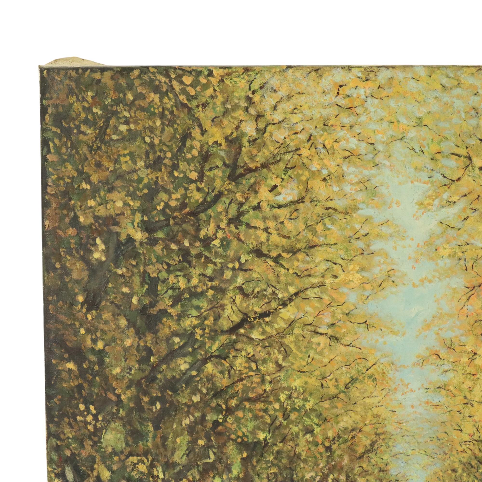 Großes Vintage-Amateur-Gemälde einer langen Allee mit Bäumen an den Seiten, Amateur-Malerei in Perspektive, wahrscheinlich Acrylfarbe, signiert unten rechts, wir denken, wir erkennen das Jahr '54 darin, Belgien.

Ein farbenfrohes, großformatiges