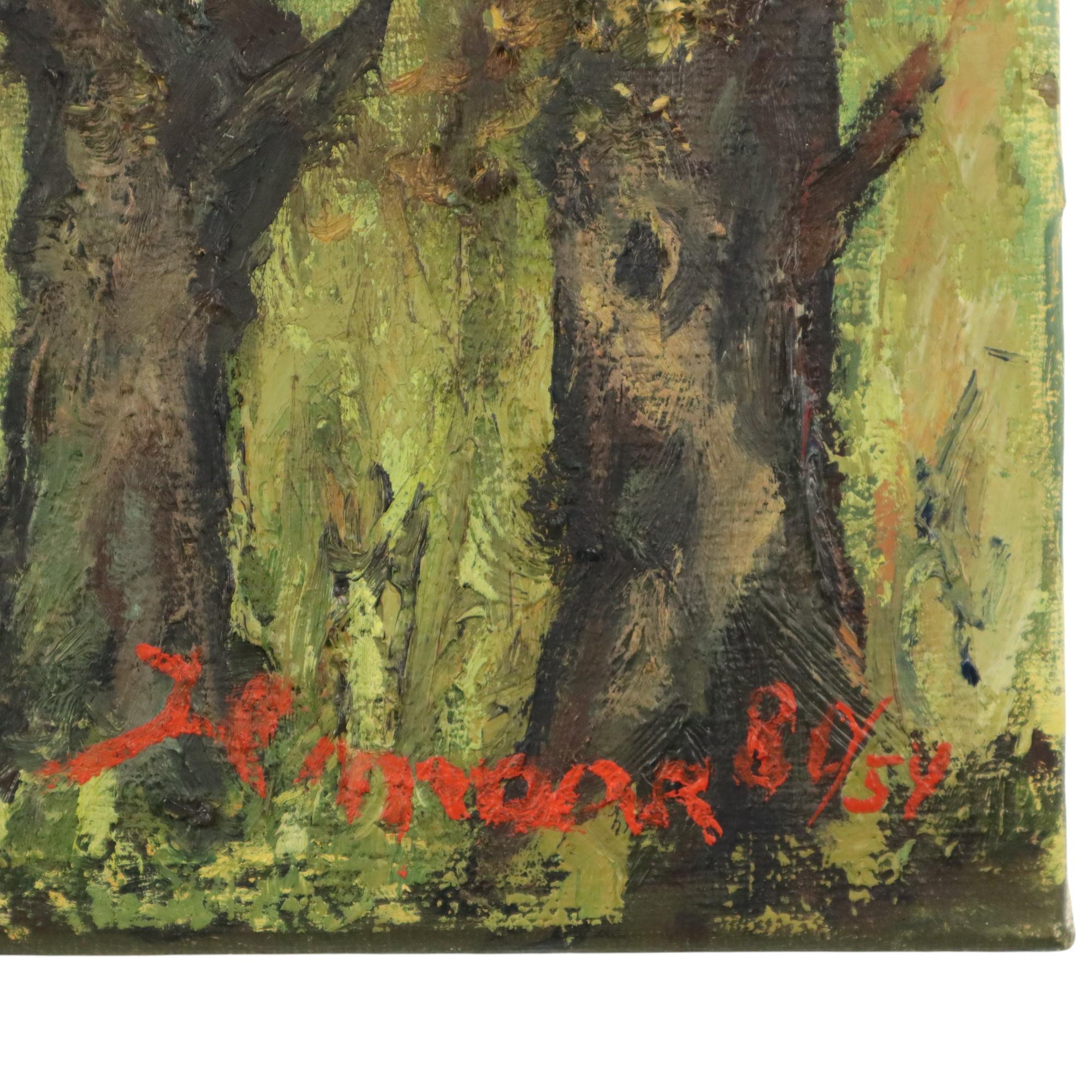 Großes Vintage-Gemälde auf Leinwand, Perspektive Bäume, signiert (20. Jahrhundert) im Angebot