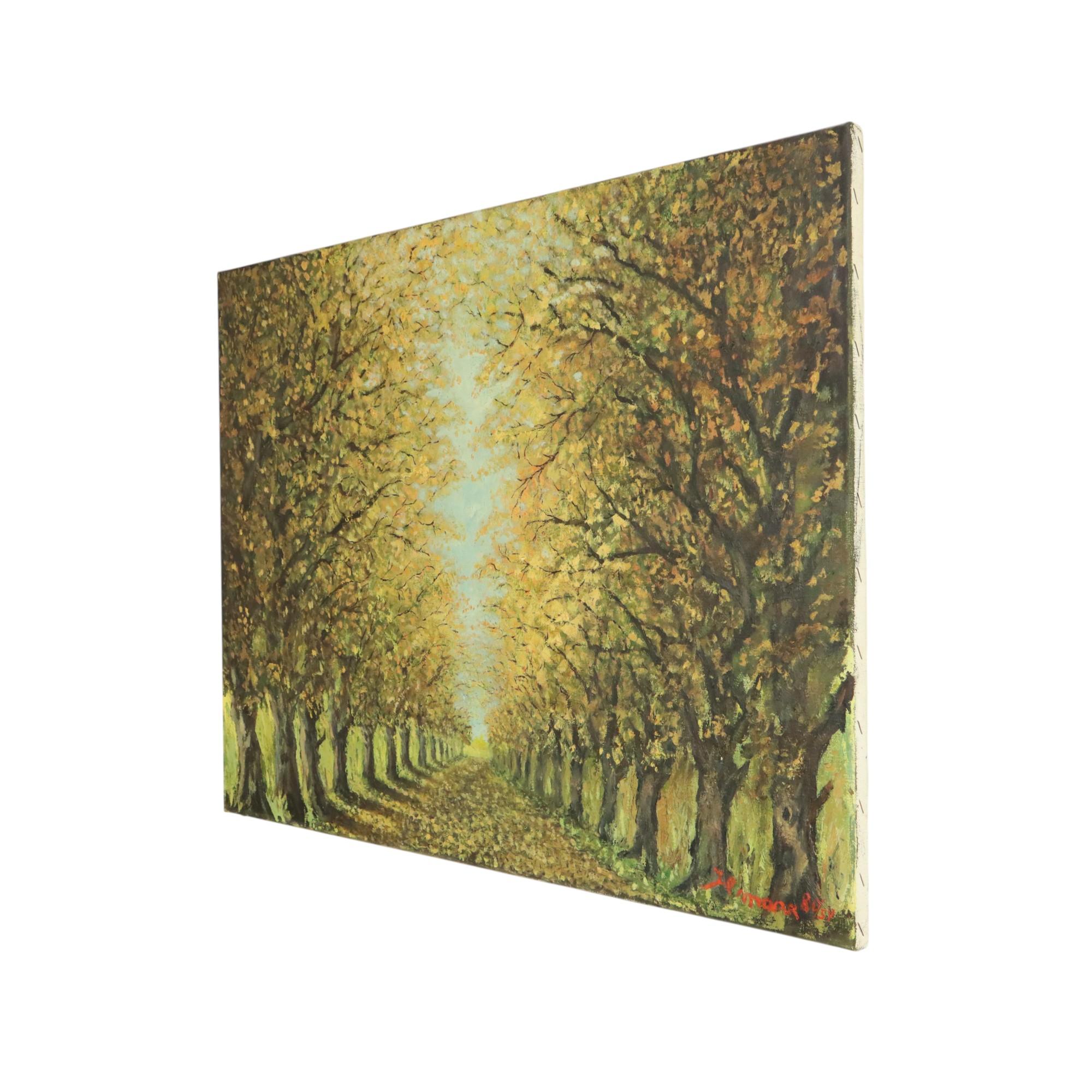 Großes Vintage-Gemälde auf Leinwand, Perspektive Bäume, signiert im Angebot 3