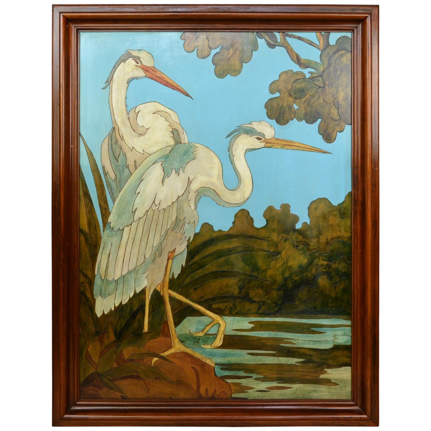 Large Blue Painting with Heron Birds on wood, 1970s
