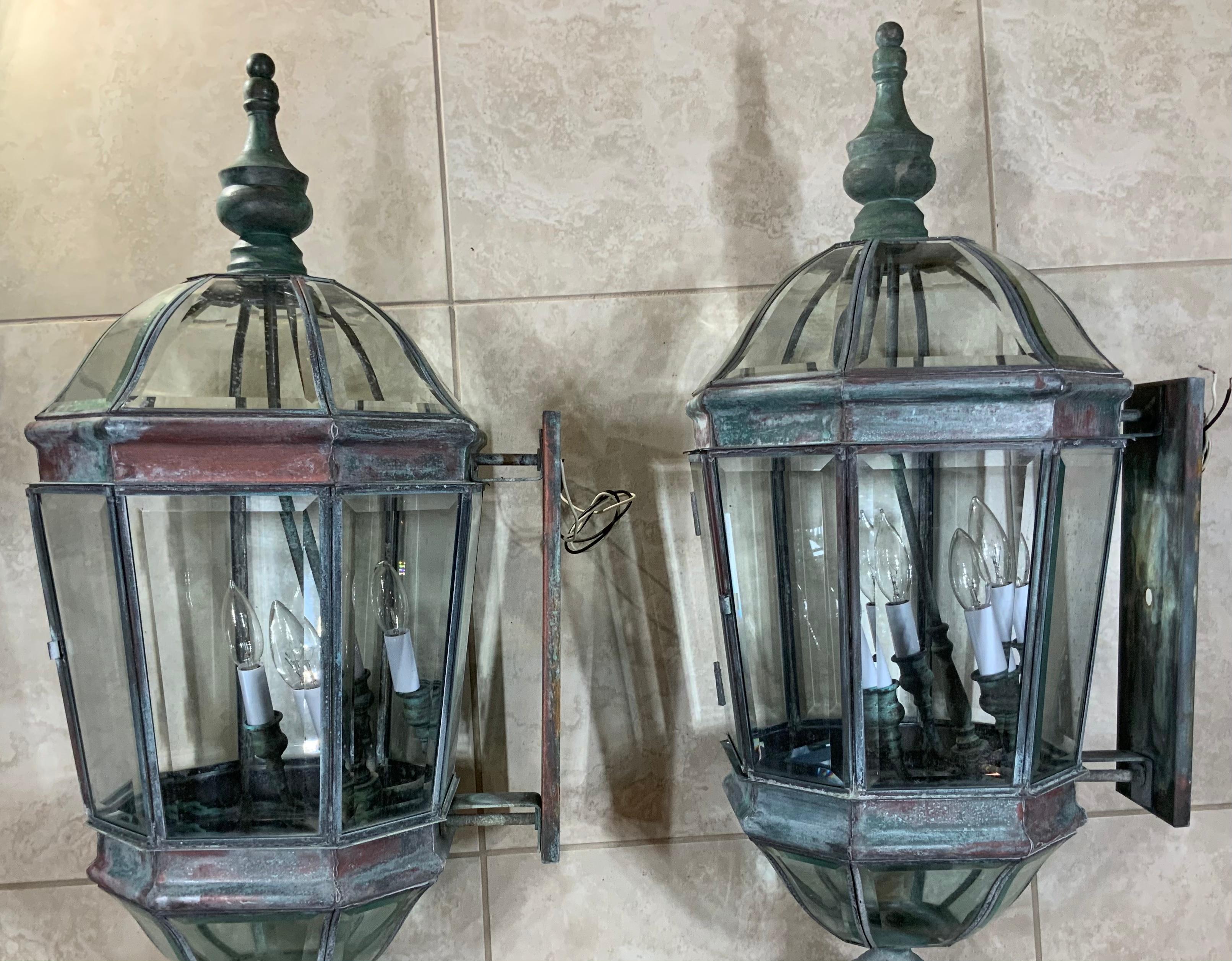 Large Vintage Pair of Handcrafted Wall-Mounted Brass Lantern 5