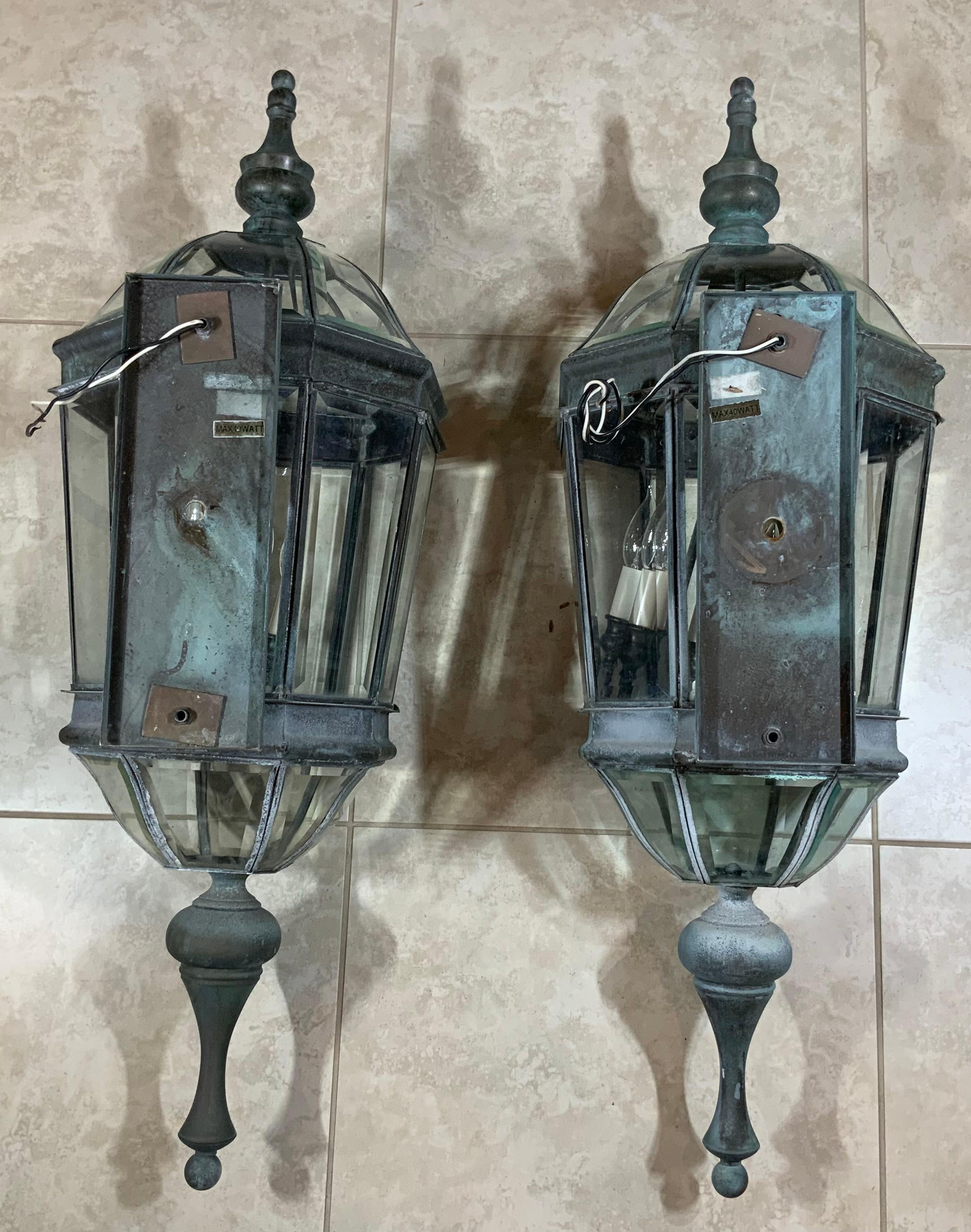 Large Vintage Pair of Handcrafted Wall-Mounted Brass Lantern 11