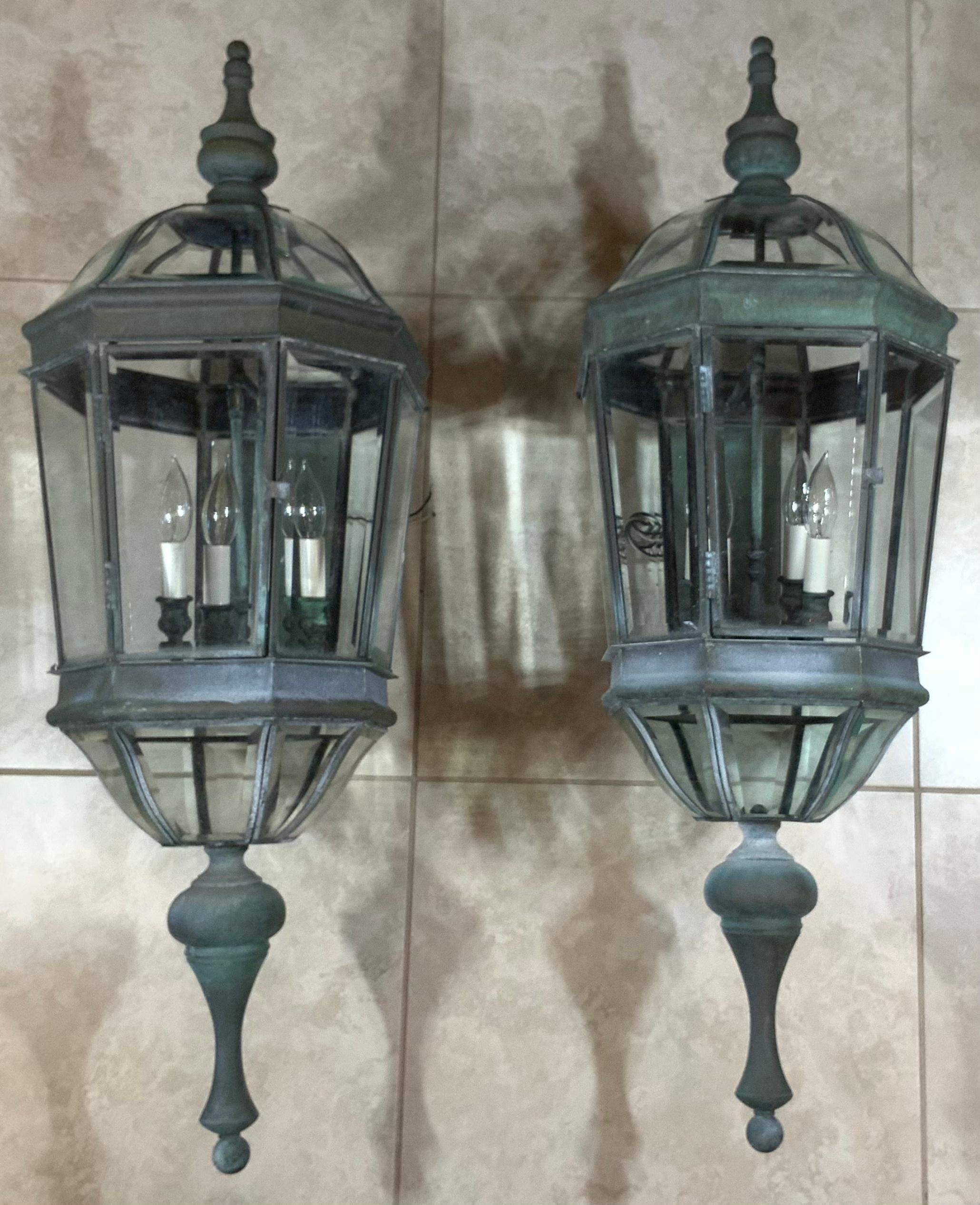 Large Vintage Pair of Handcrafted Wall-Mounted Brass Lantern 12