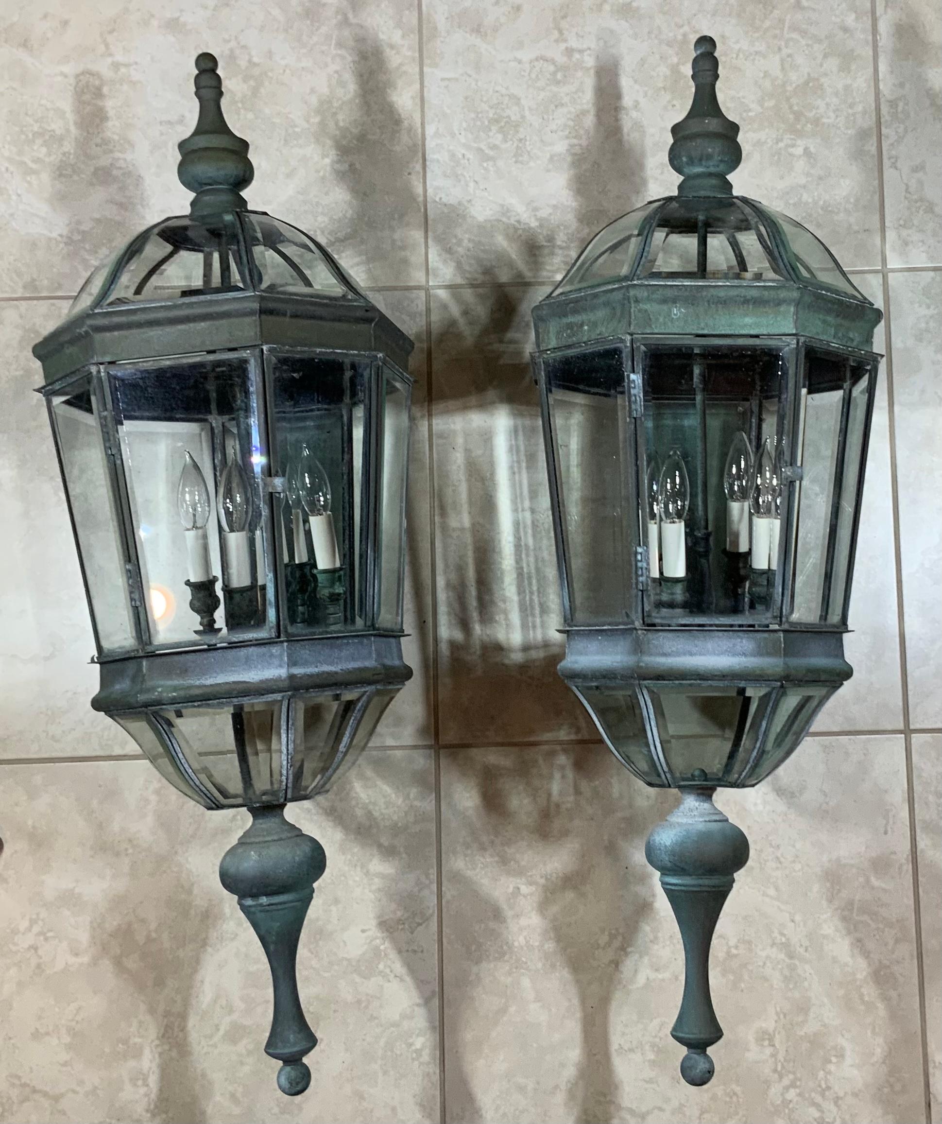 American Large Vintage Pair of Handcrafted Wall-Mounted Brass Lantern