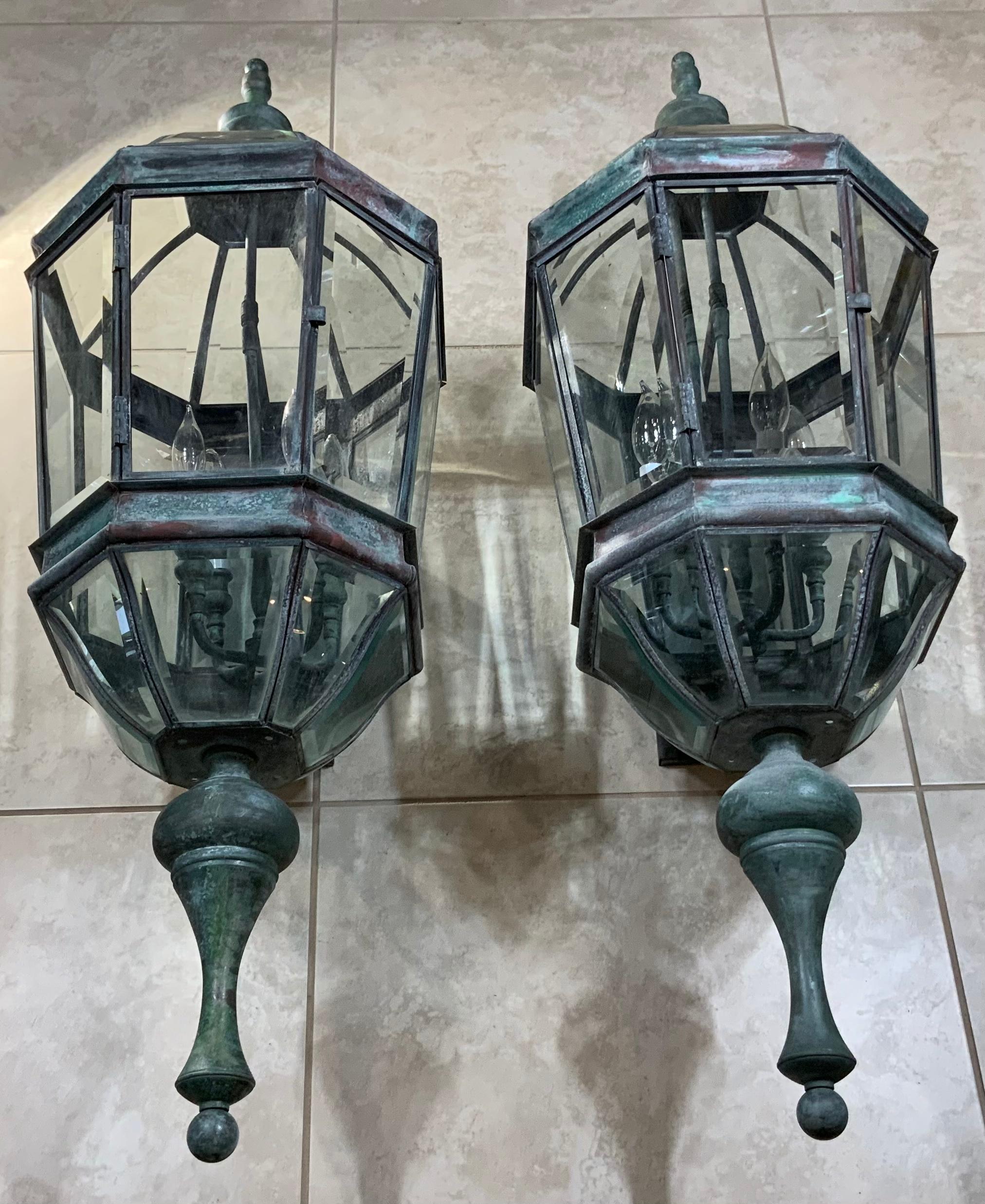 20th Century Large Vintage Pair of Handcrafted Wall-Mounted Brass Lantern