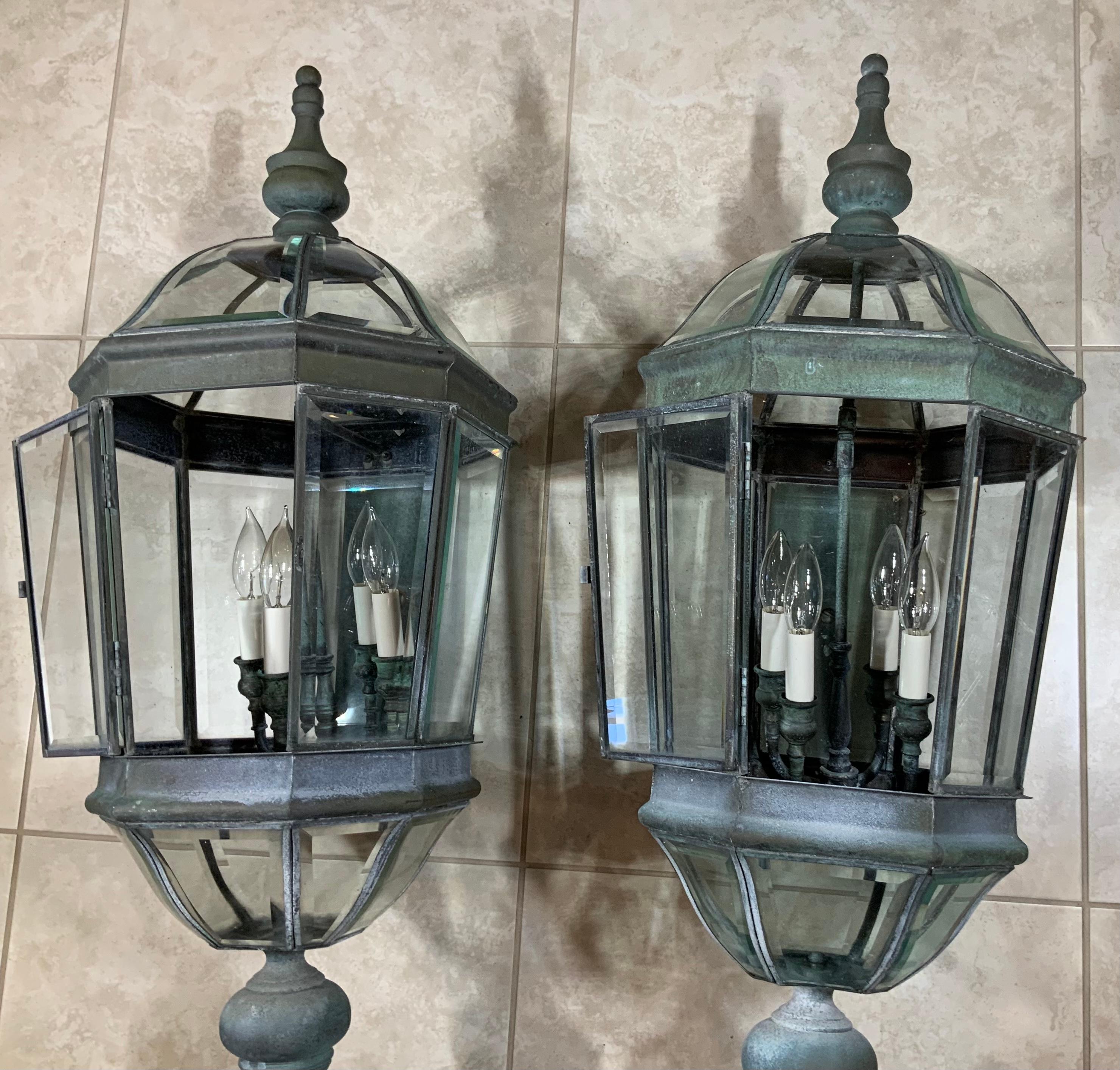 20th Century Large Vintage Pair of Handcrafted Wall-Mounted Brass Lantern