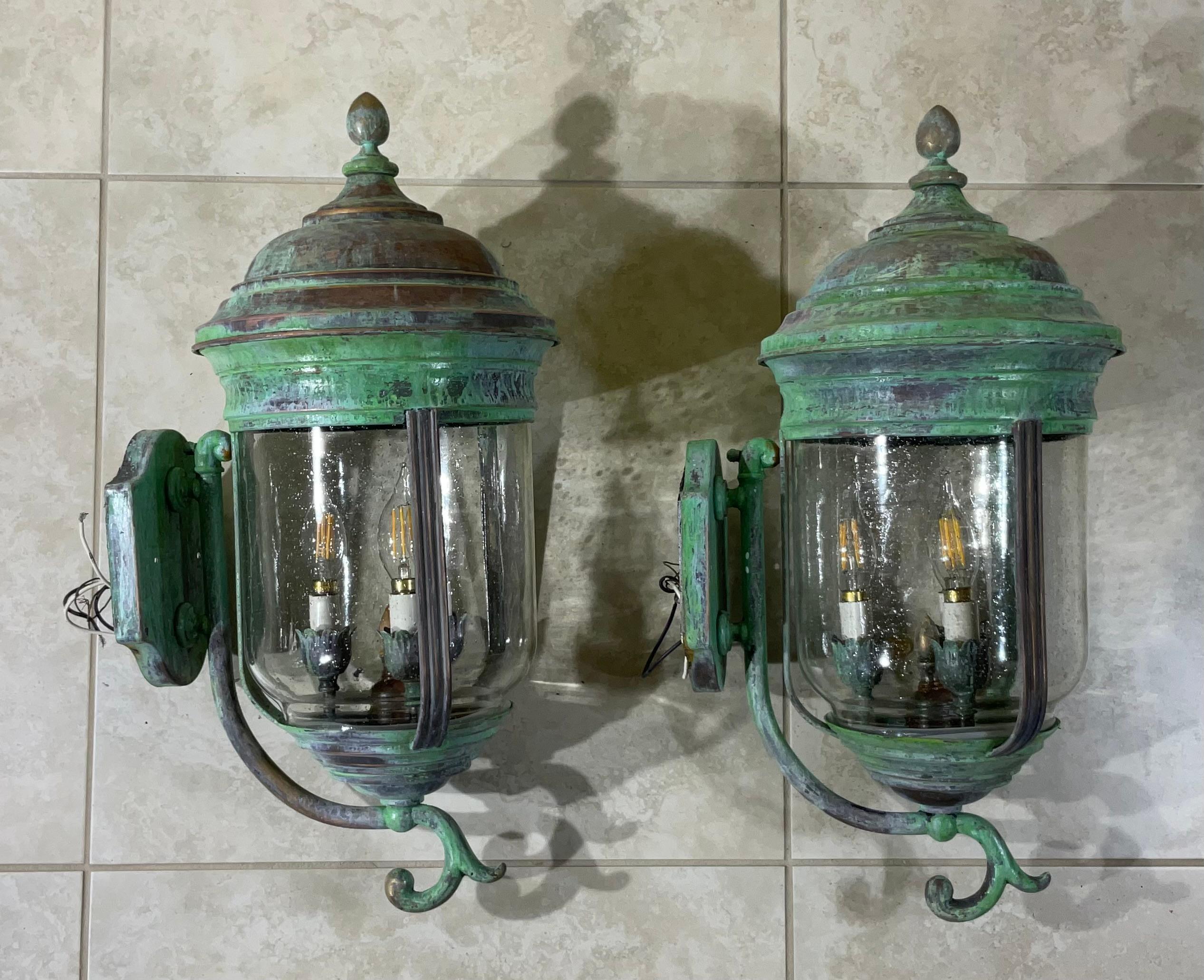 Large Vintage Pair of Handcrafted Wall-Mounted Copper-Brass Lantern 5