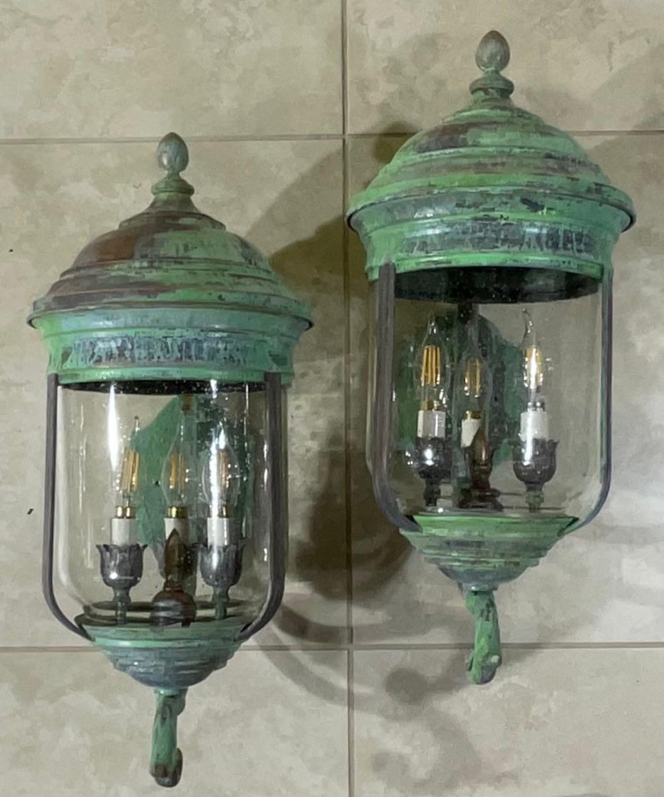 Large Vintage Pair of Handcrafted Wall-Mounted Copper-Brass Lantern 7