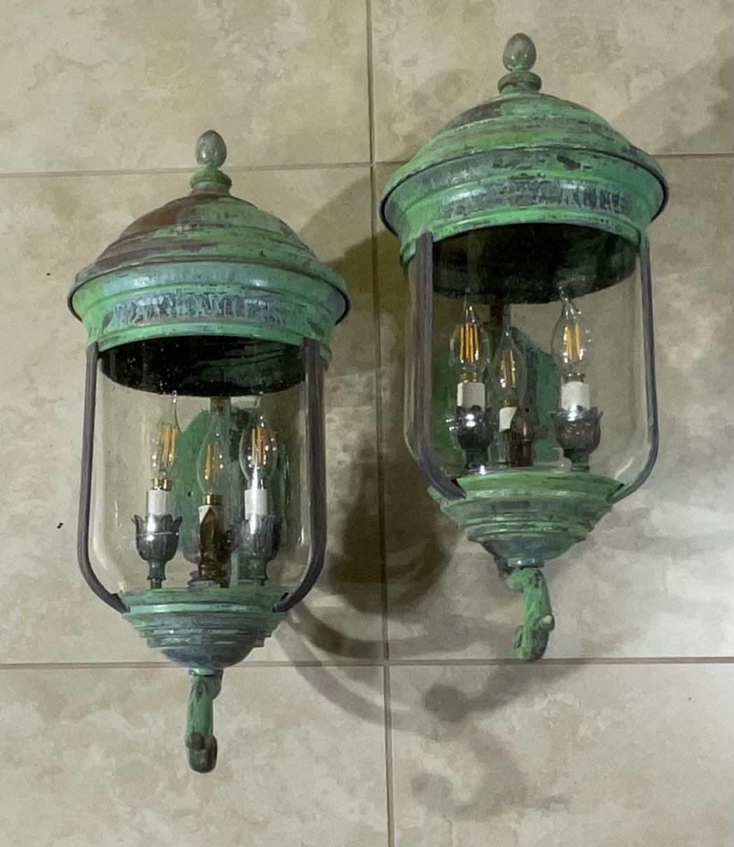 Large Vintage Pair of Handcrafted Wall-Mounted Copper-Brass Lantern 8
