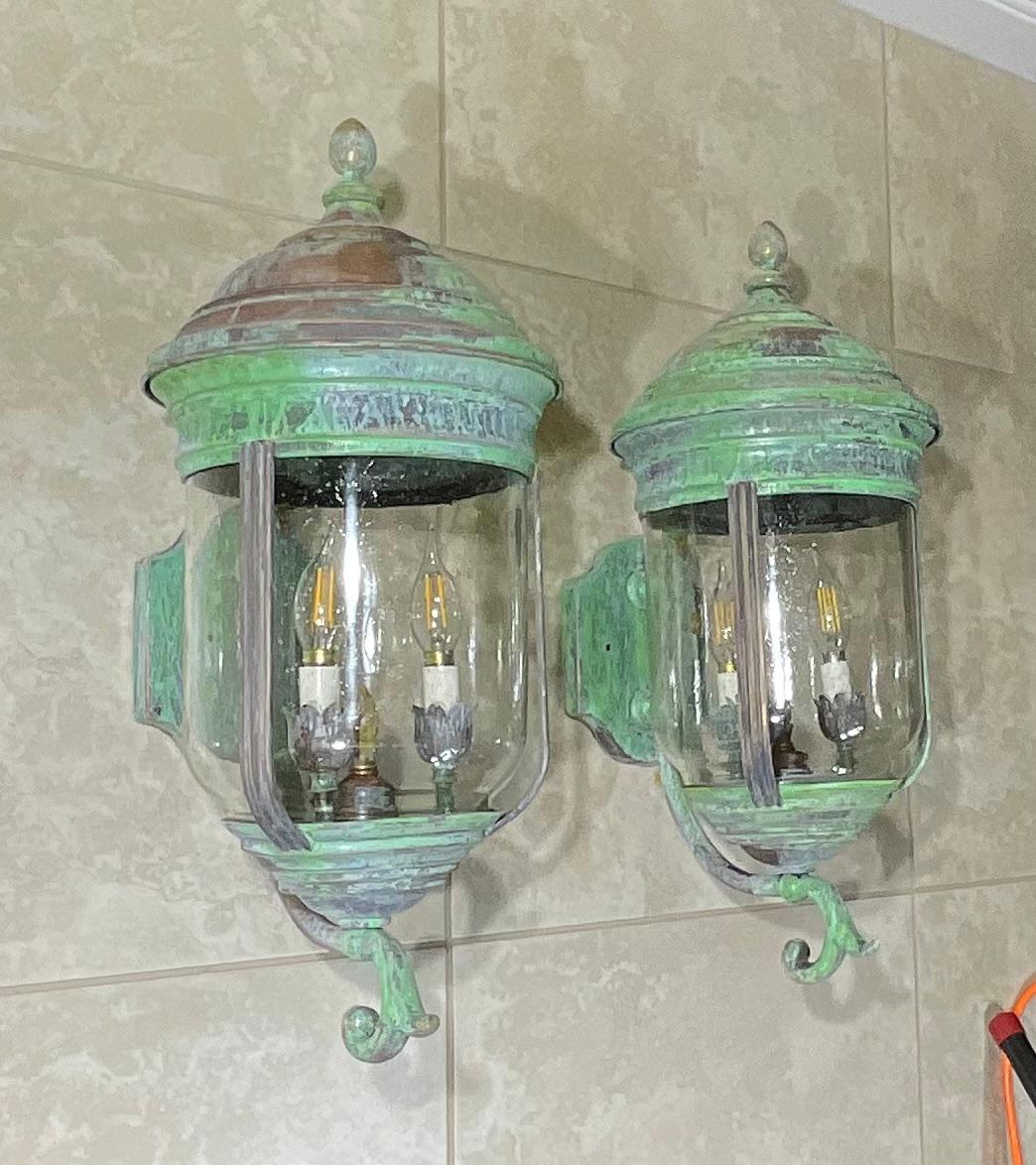 Hand-Crafted Large Vintage Pair of Handcrafted Wall-Mounted Copper-Brass Lantern