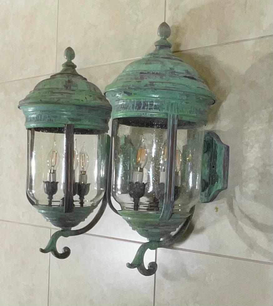 Large Vintage Pair of Handcrafted Wall-Mounted Copper-Brass Lantern In Good Condition In Delray Beach, FL