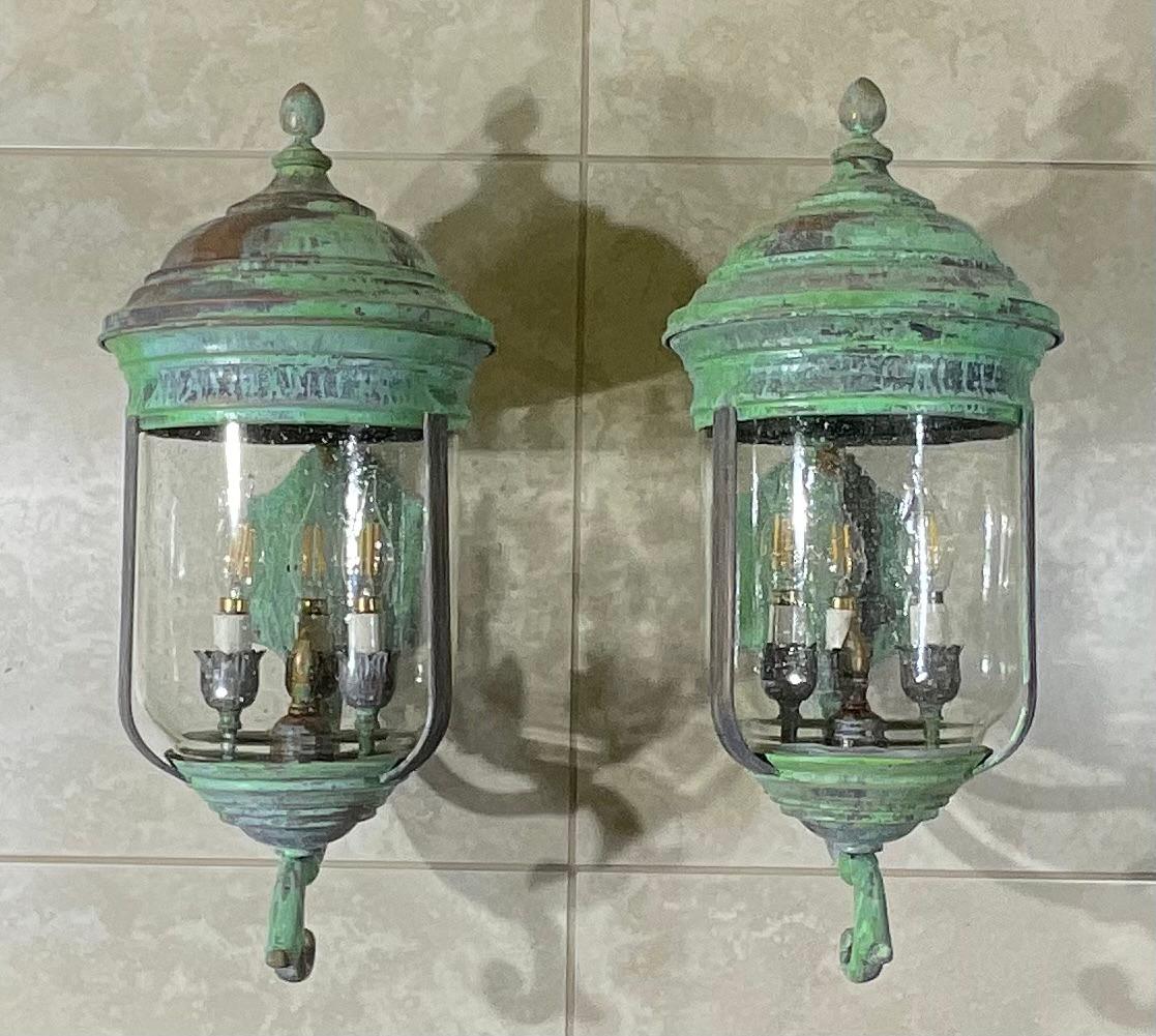 20th Century Large Vintage Pair of Handcrafted Wall-Mounted Copper-Brass Lantern