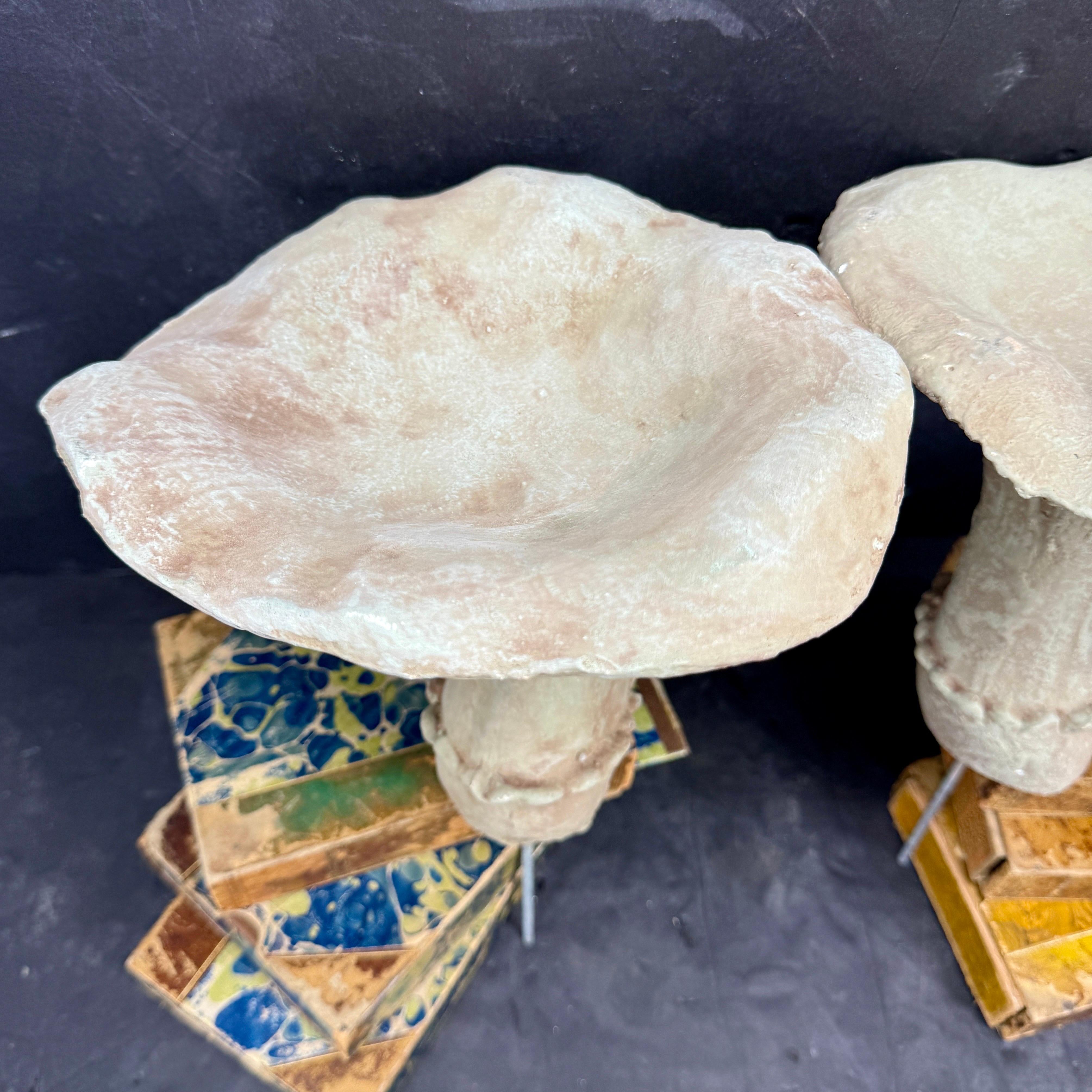 Impressive set of 2 oversized concrete mushrooms with an aged patina. These decorative mushrooms could be used indoors or out. We see them grouped sitting on a coffee table atop books or in an outdoor garden. Certainly, a delightful way to add a