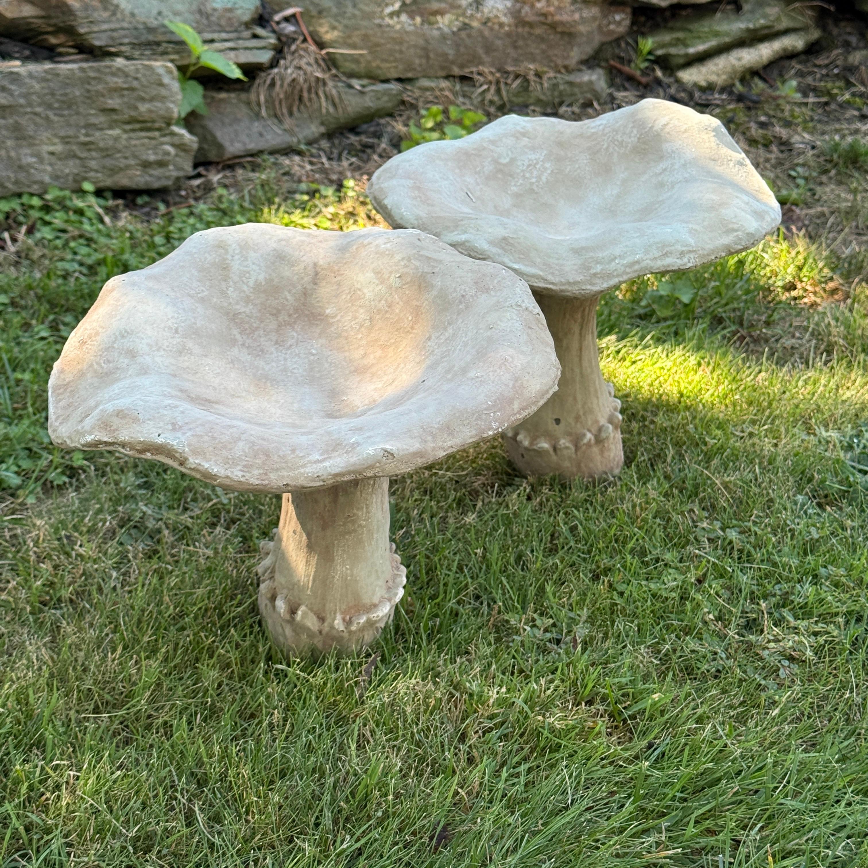 Organic Modern Large Vintage Pair of Two Concrete Chanterelles Mushroom Garden Ornaments For Sale