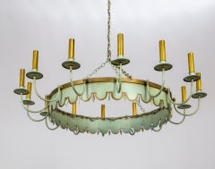 Large Vintage Pale Green Tole 14-Light Ring Chandelier