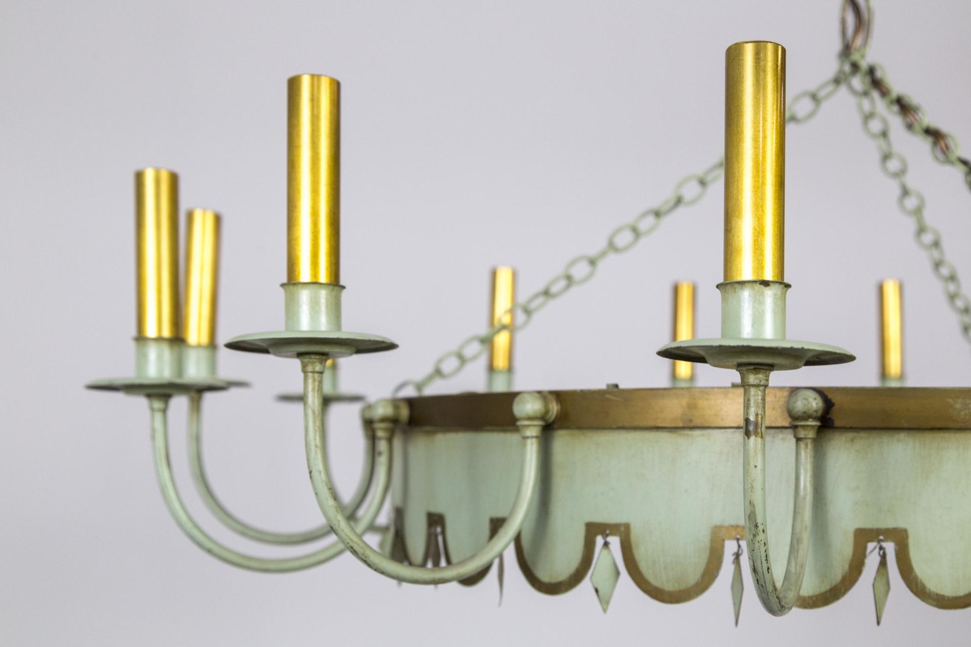 French Large Vintage Pale Green Tole 14-Light Ring Chandelier