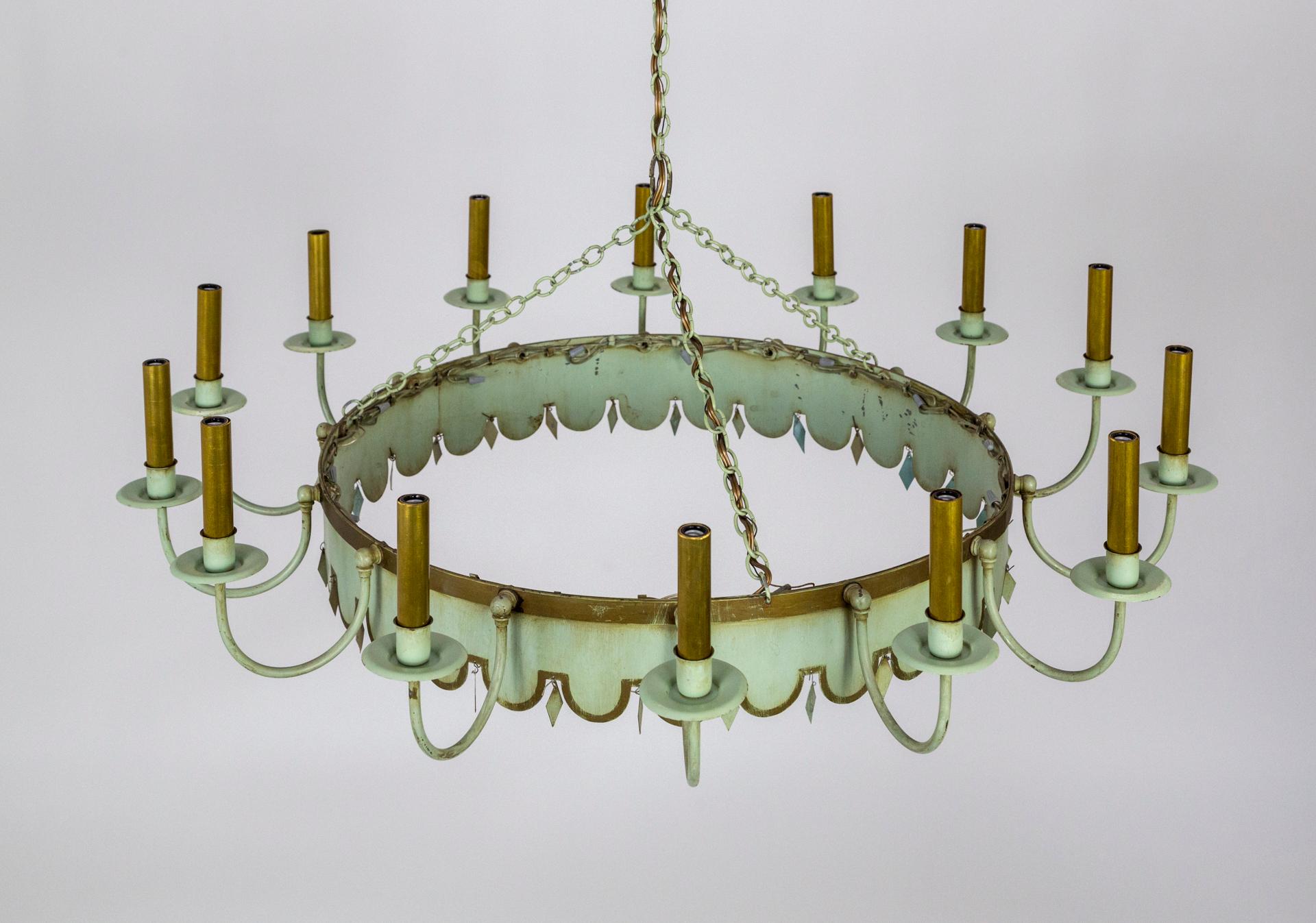Painted Large Vintage Pale Green Tole 14-Light Ring Chandelier