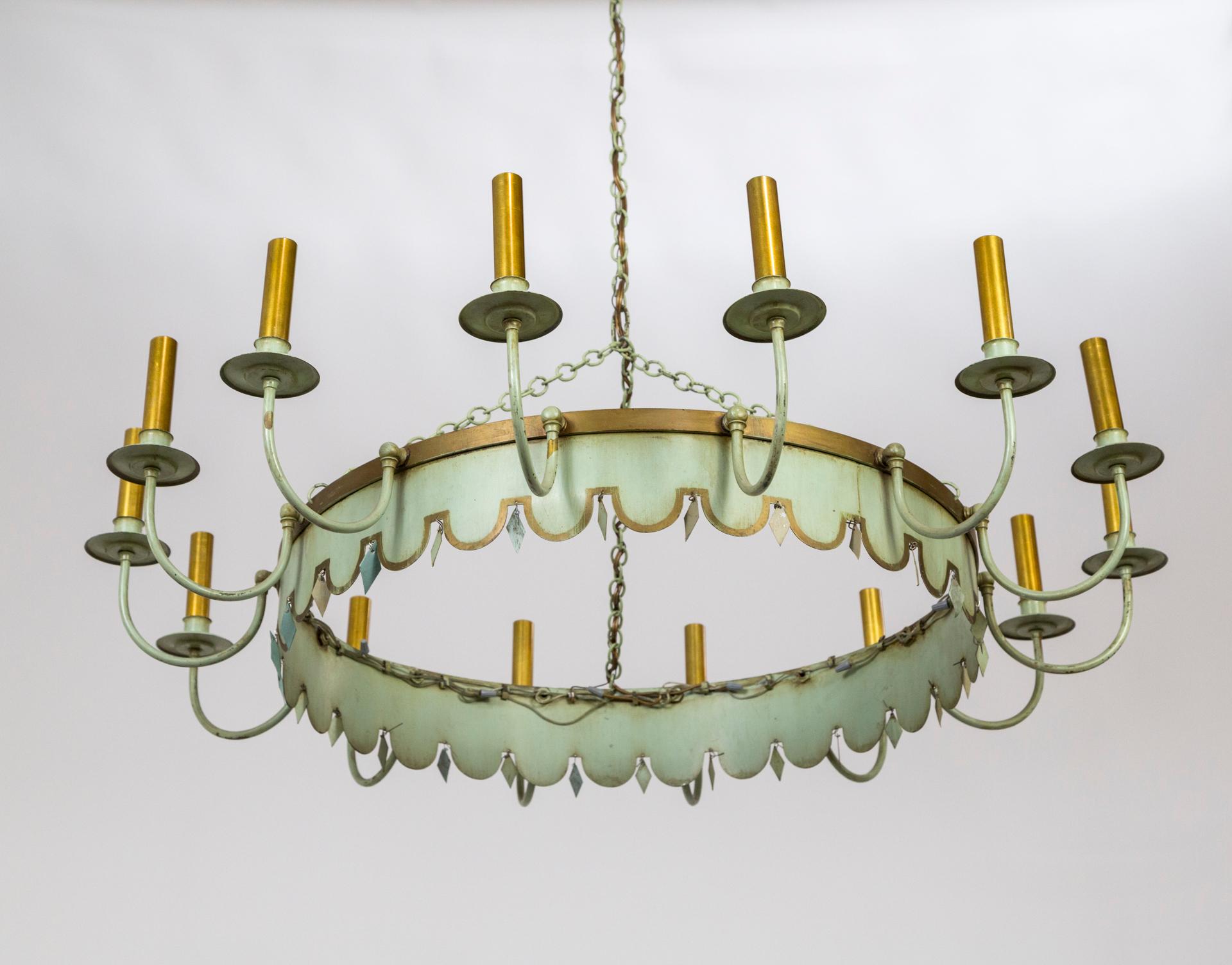 Large Vintage Pale Green Tole 14-Light Ring Chandelier In Good Condition In San Francisco, CA