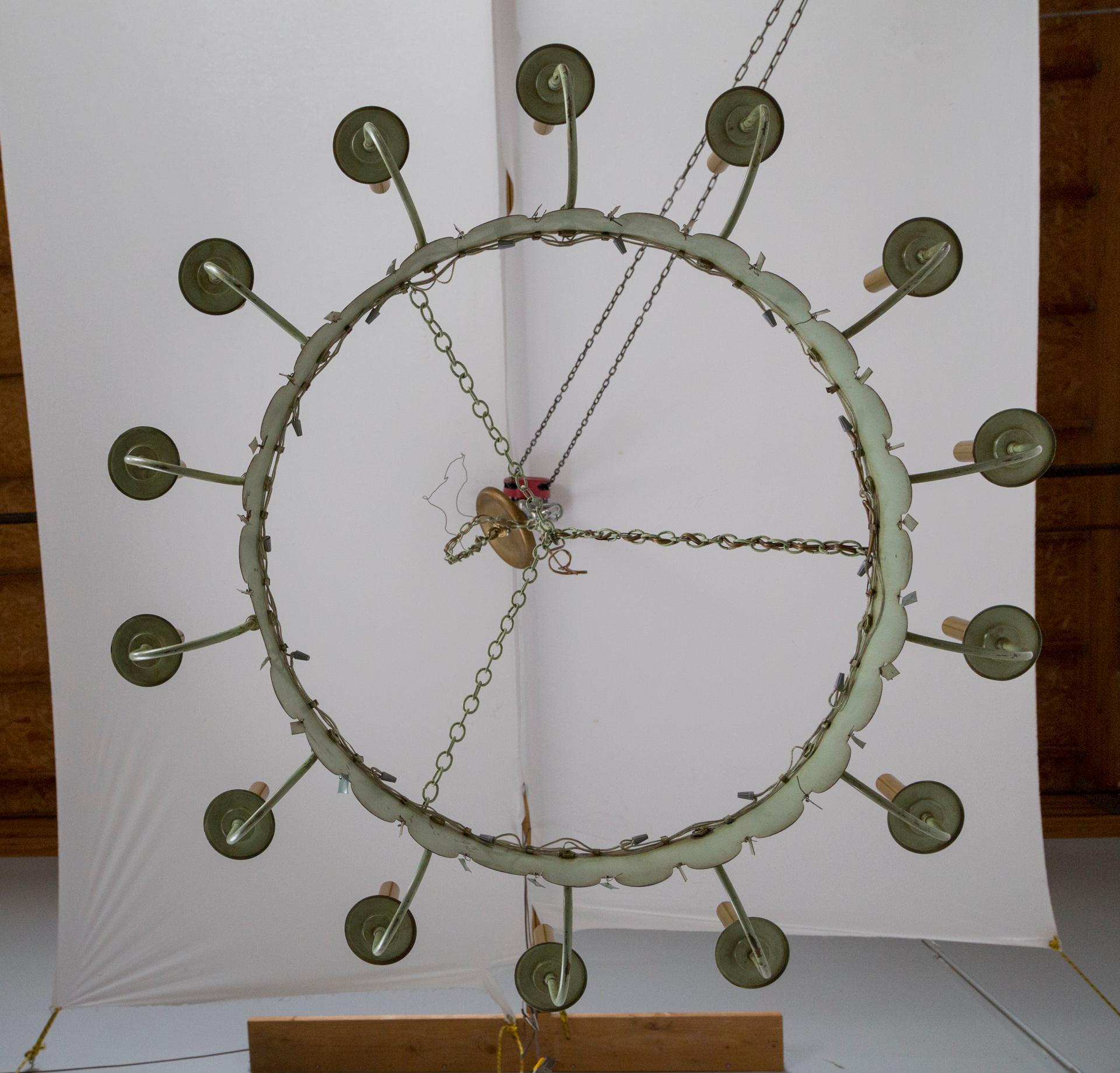 Mid-20th Century Large Vintage Pale Green Tole 14-Light Ring Chandelier