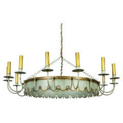 Large Vintage Pale Green Tole 14-Light Ring Chandelier