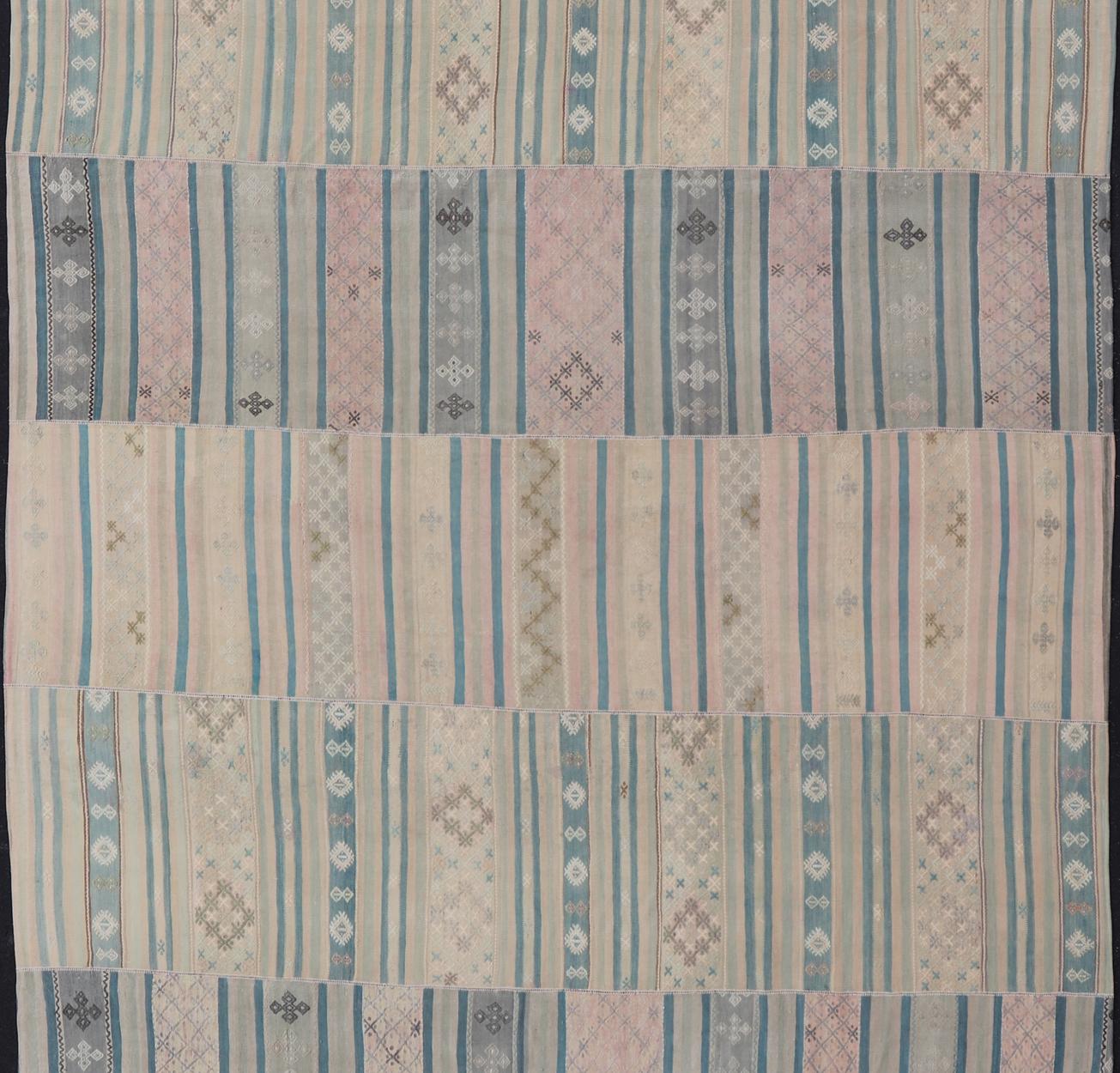 Large Vintage Paneled Kilim Flat-Weave in Blue, Pink, Taupe, Gray, Light Brown For Sale 3