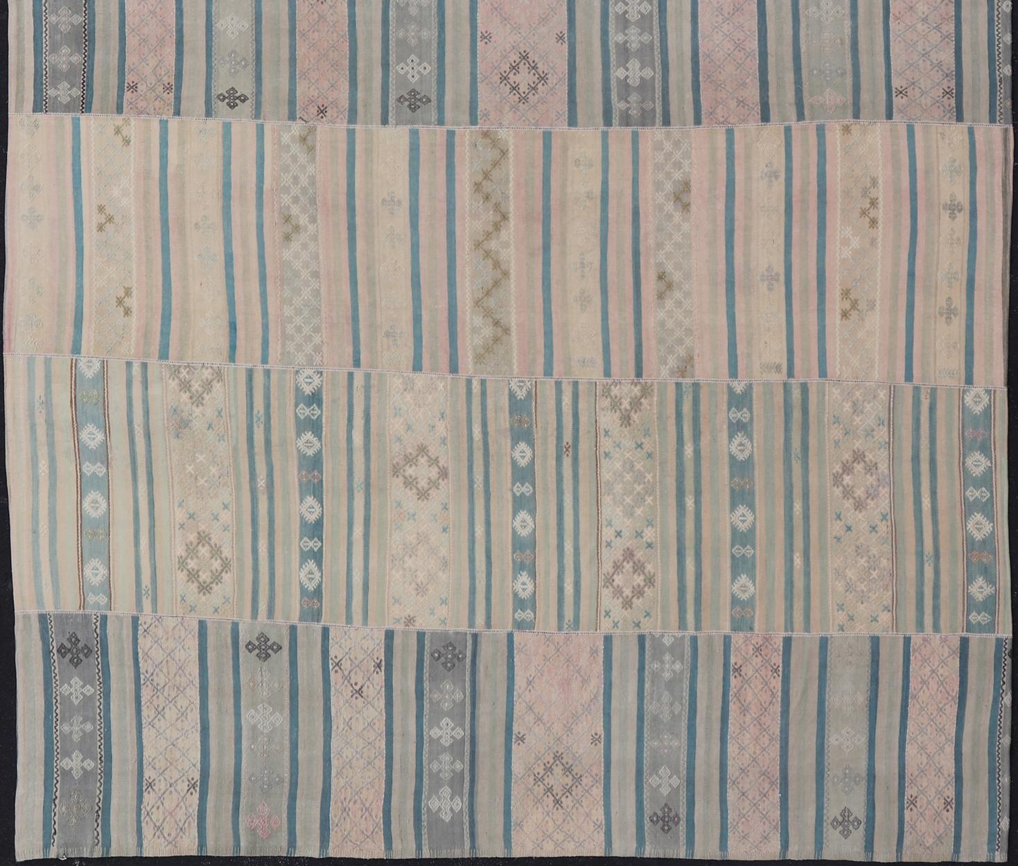 Large Vintage Paneled Kilim Flat-Weave in Blue, Pink, Taupe, Gray, Light Brown For Sale 4