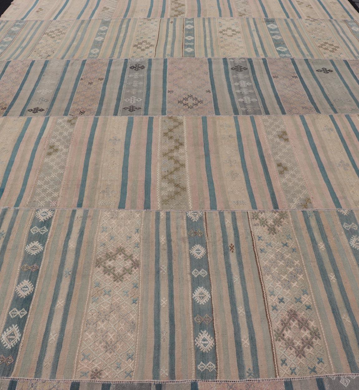 Turkish Large Vintage Paneled Kilim Flat-Weave in Blue, Pink, Taupe, Gray, Light Brown For Sale