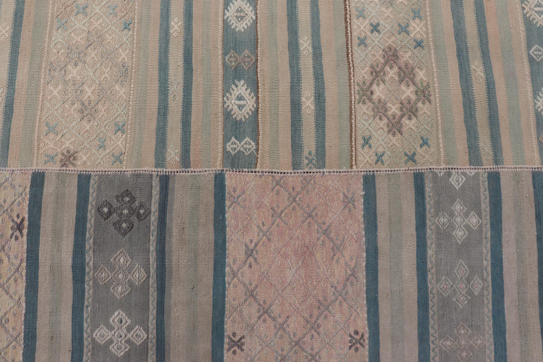 Large Vintage Paneled Kilim Flat-Weave in Blue, Pink, Taupe, Gray, Light Brown In Good Condition For Sale In Atlanta, GA
