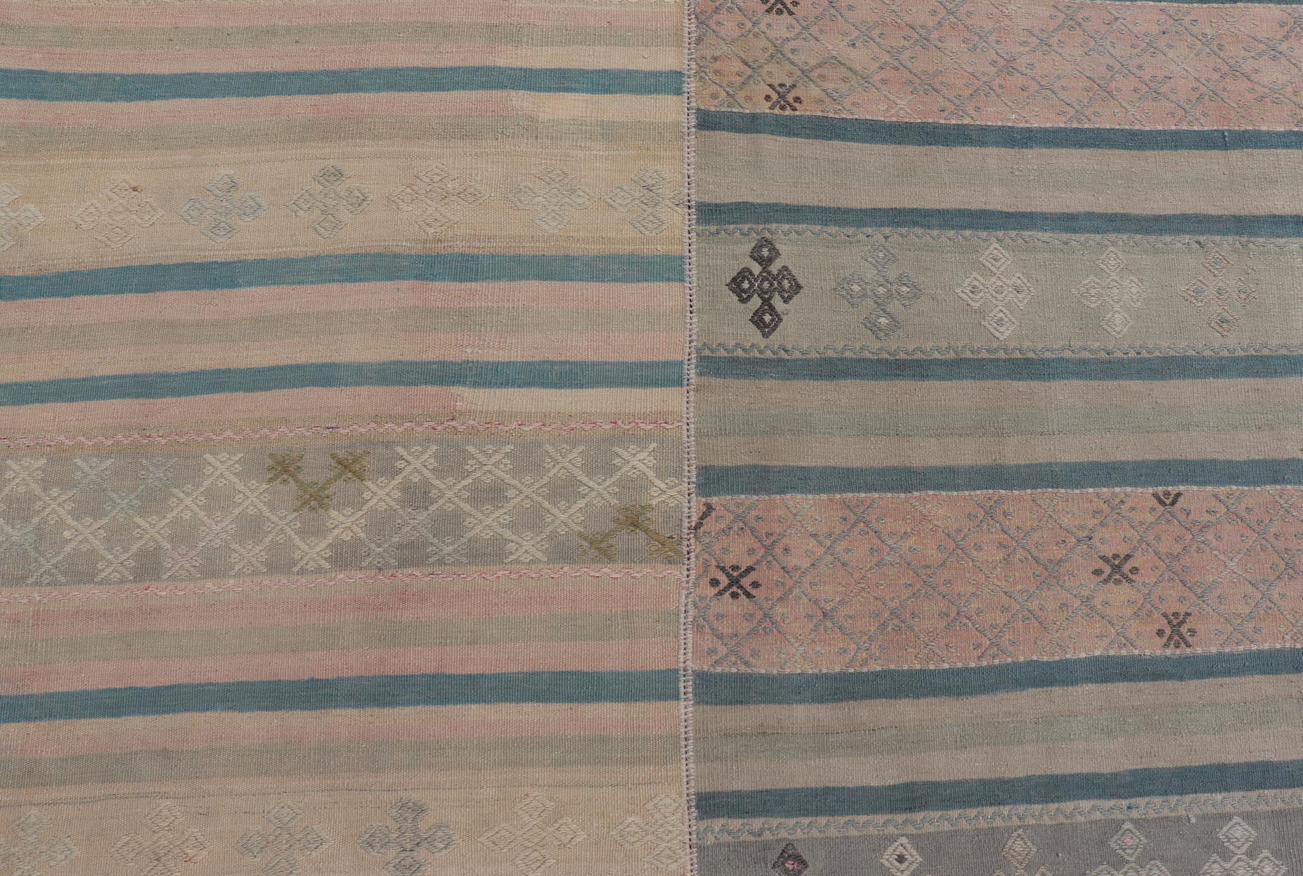 20th Century Large Vintage Paneled Kilim Flat-Weave in Blue, Pink, Taupe, Gray, Light Brown For Sale