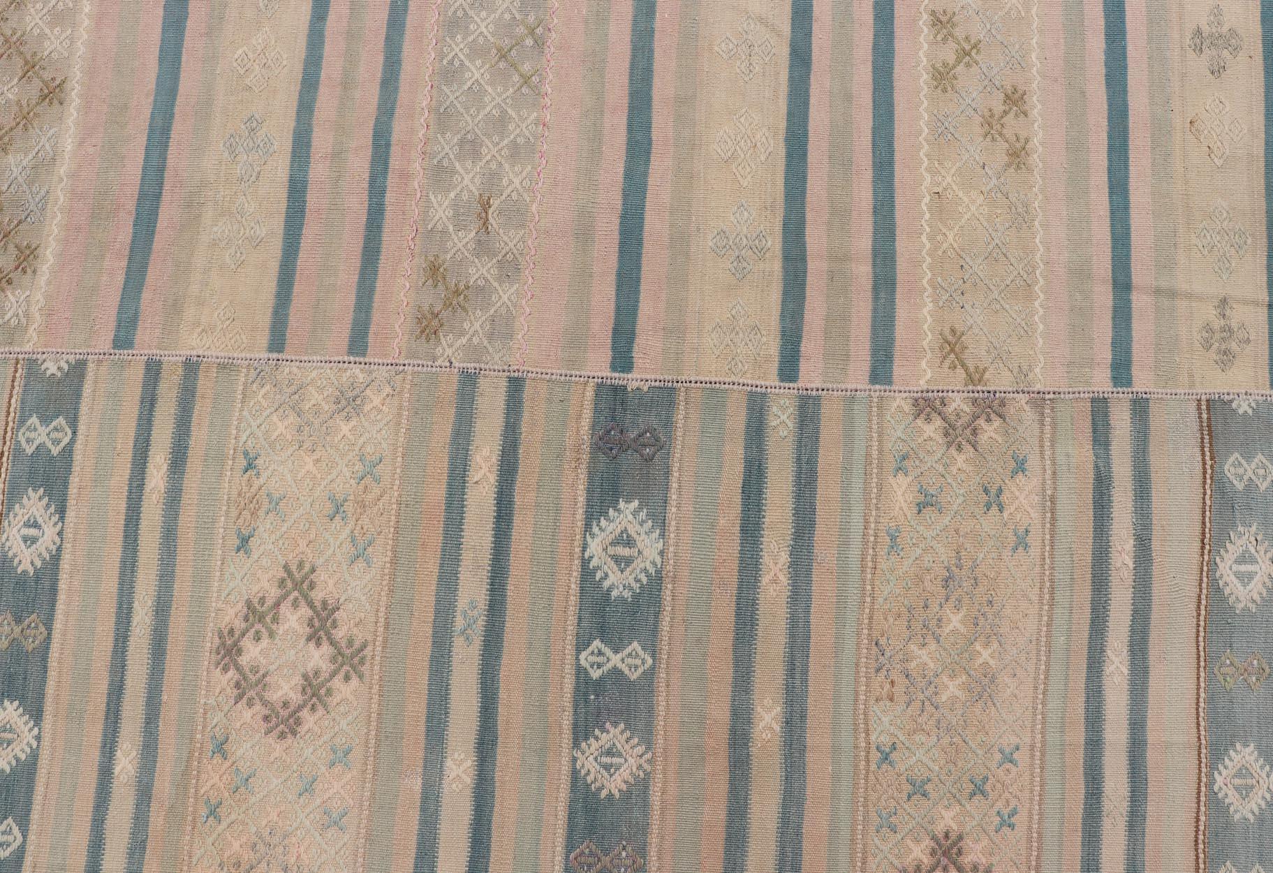 Wool Large Vintage Paneled Kilim Flat-Weave in Blue, Pink, Taupe, Gray, Light Brown For Sale