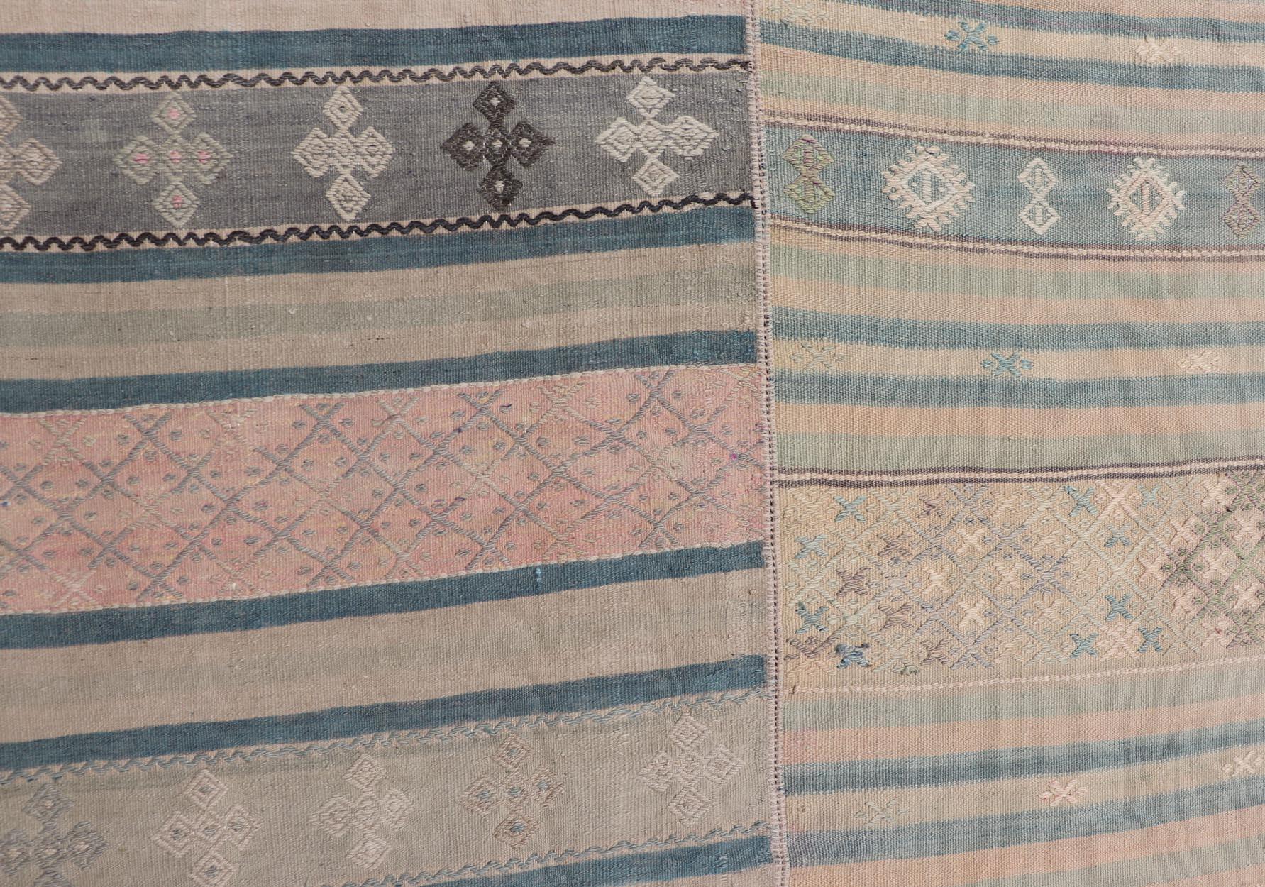 Large Vintage Paneled Kilim Flat-Weave in Blue, Pink, Taupe, Gray, Light Brown For Sale 1