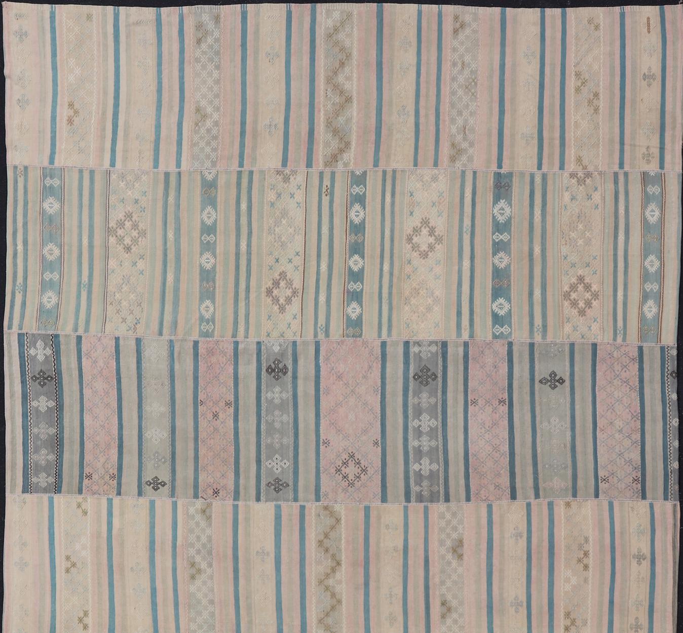 Large Vintage Paneled Kilim Flat-Weave in Blue, Pink, Taupe, Gray, Light Brown For Sale 2