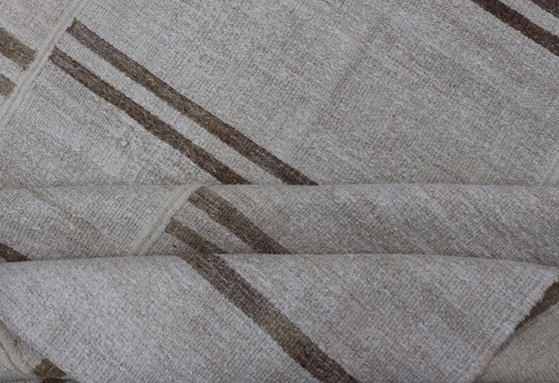Large Vintage Paneled Kilim Flat-Weave Stripe in Neutral Tones of Cream & Brown For Sale 3