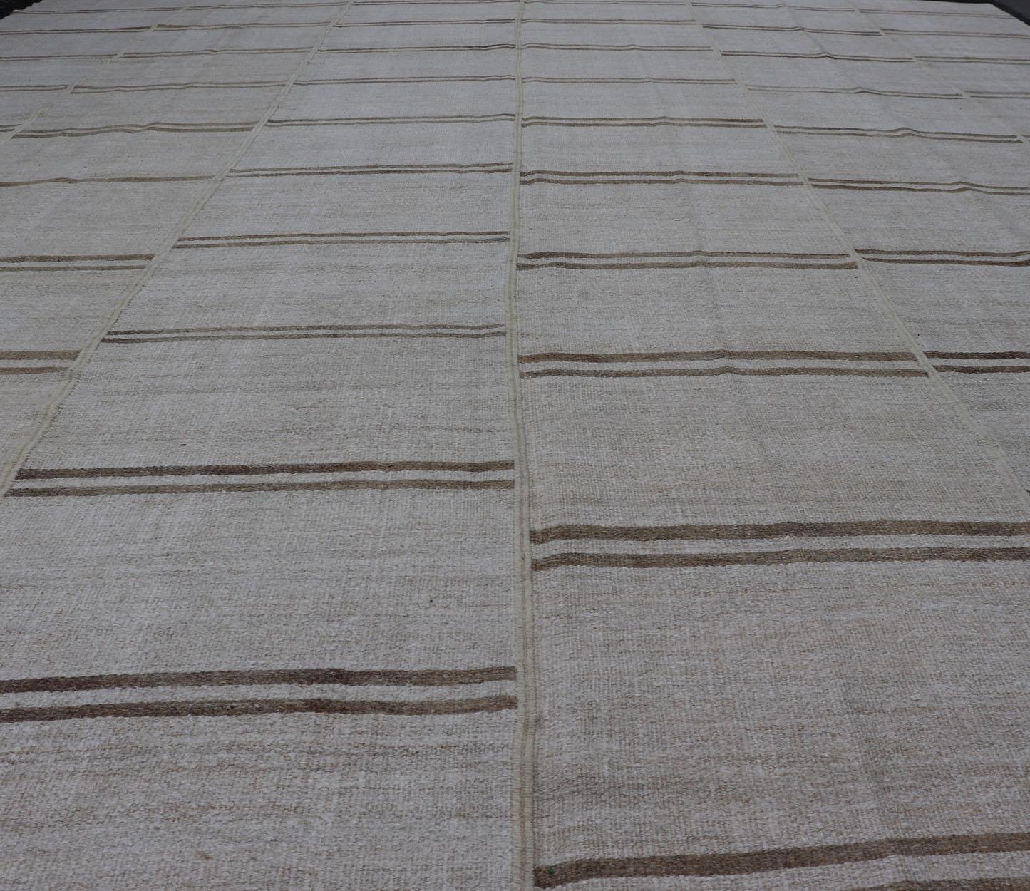 Large Vintage Paneled Kilim Flat-Weave Stripe in Neutral Tones of Cream & Brown For Sale 5