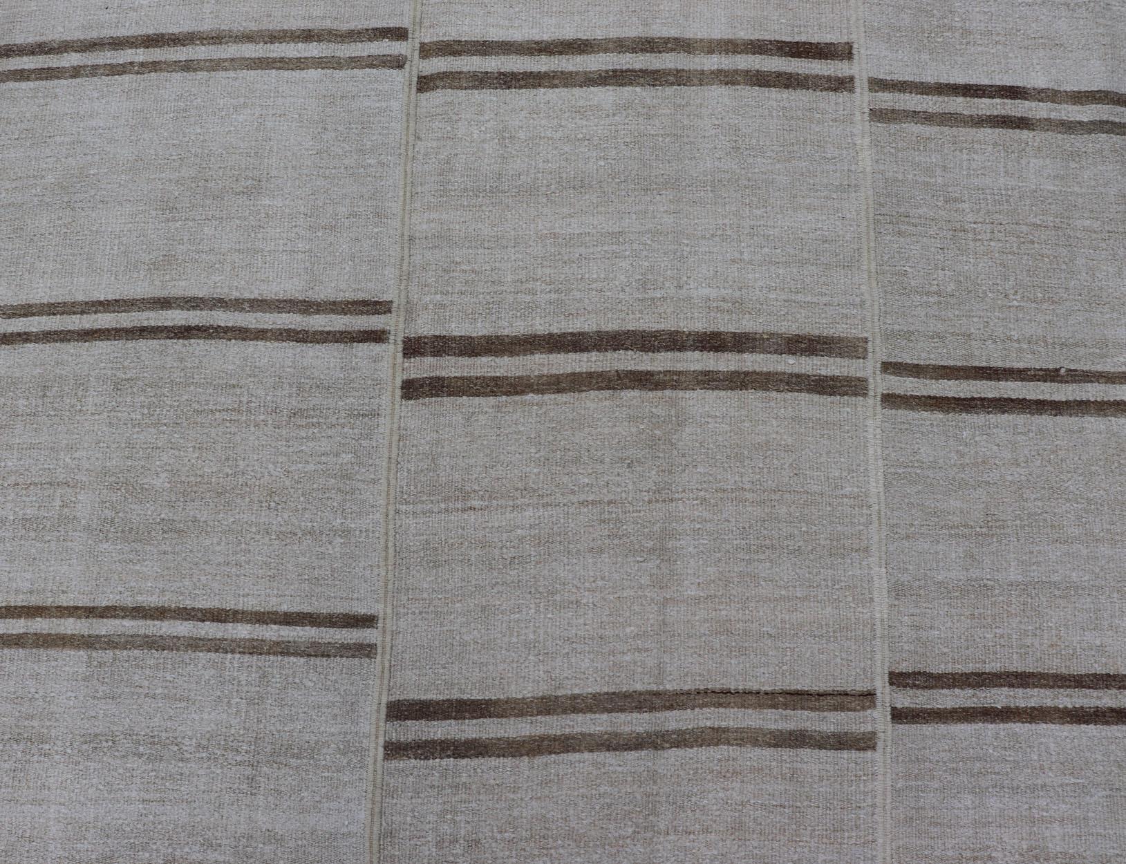 Large Vintage Paneled Kilim Flat-Weave Stripe in Neutral Tones of Cream & light Brown. Keivan Woven Arts /rug#EN-179572, country of origin / type: Turkey / Kilim 1950's, Casual flat-weave Kilim 

Measures: 12'2 x 14'8 

This beautiful Large Vintage